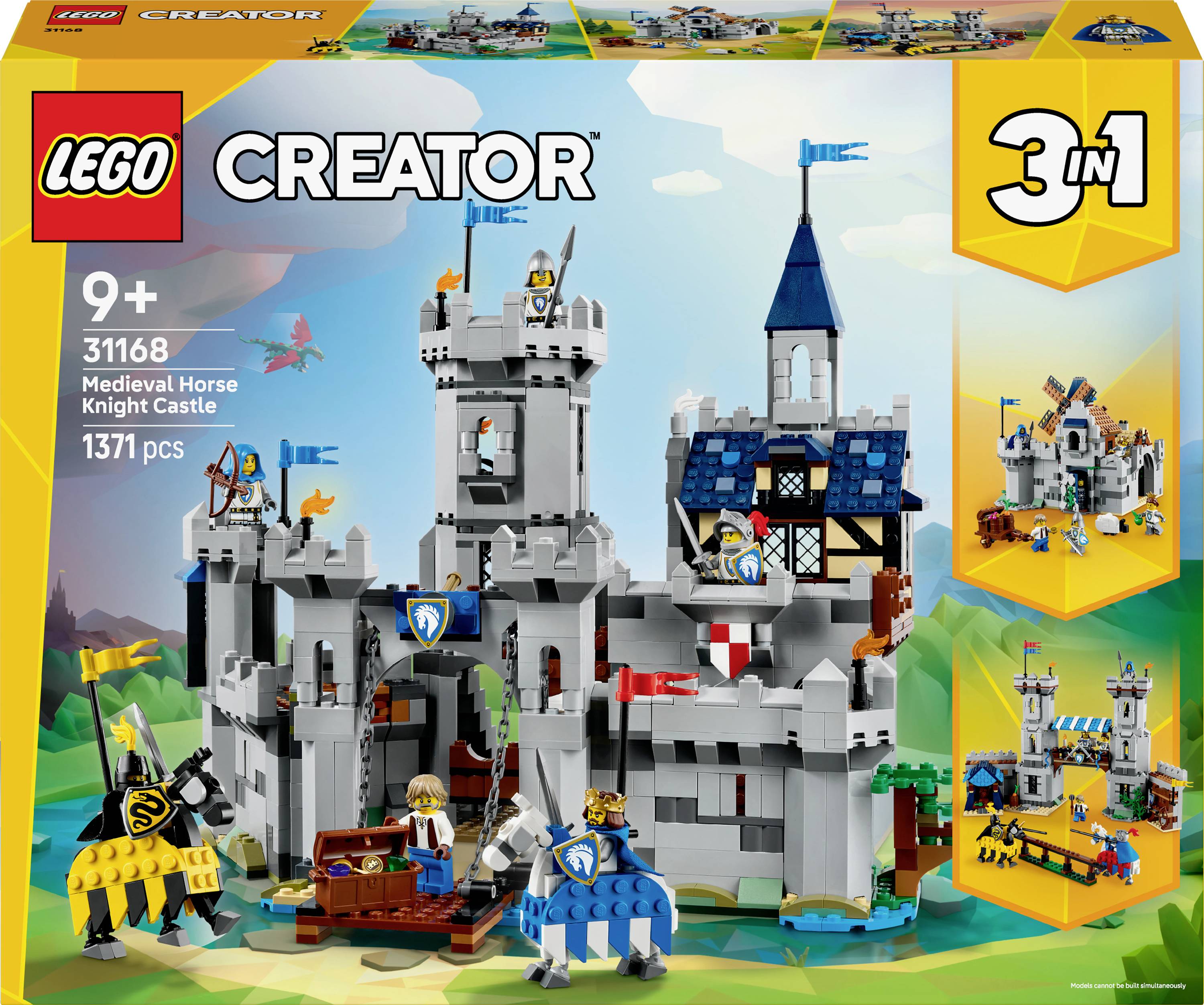 Lego Creator 3-in-1 Středověký rytířský hrad s koněm, sada pro věk 9+, model 31168, obsahuje 1371 dílků. Na krabici je zobrazen hrad a alternativní varianty stavby.