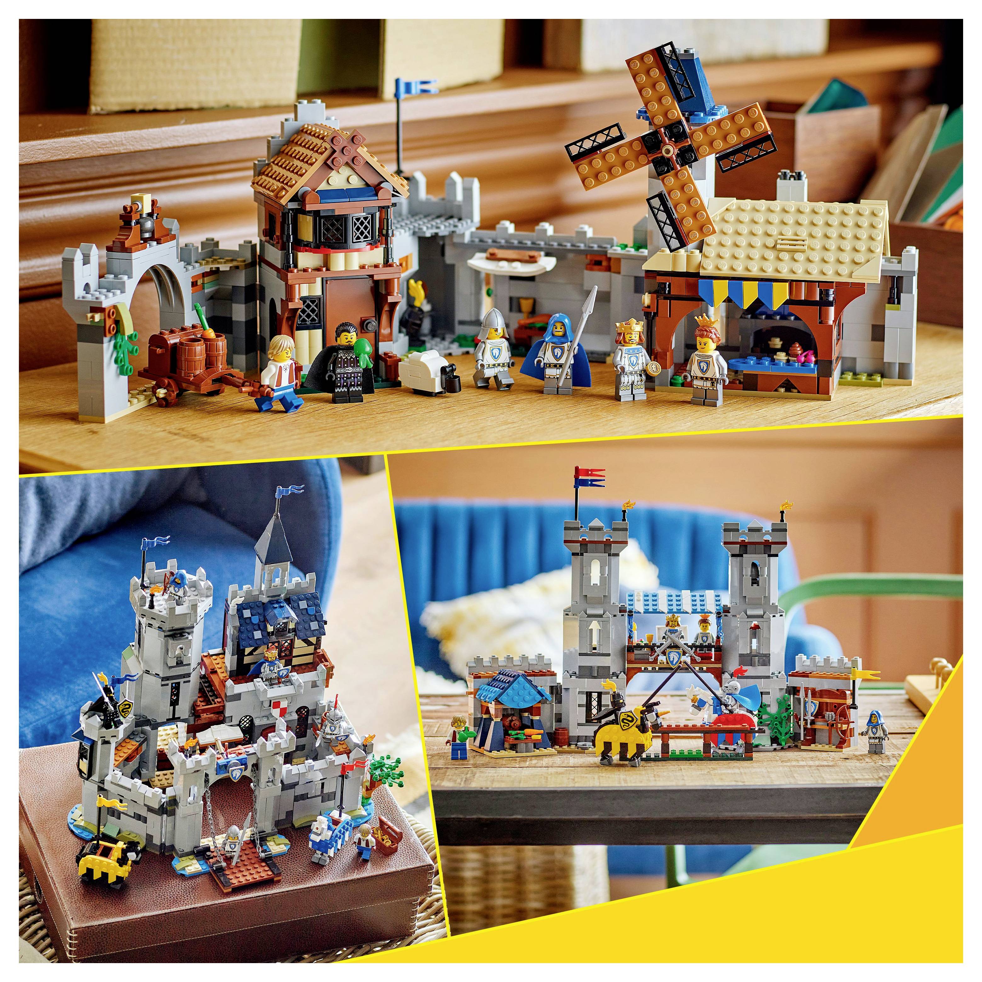 Tři lego medievální sady: hrad rytířů s věžemi, větrný mlýn s modrými vlajkami a tržní scéna s rytíři a obchodníky.