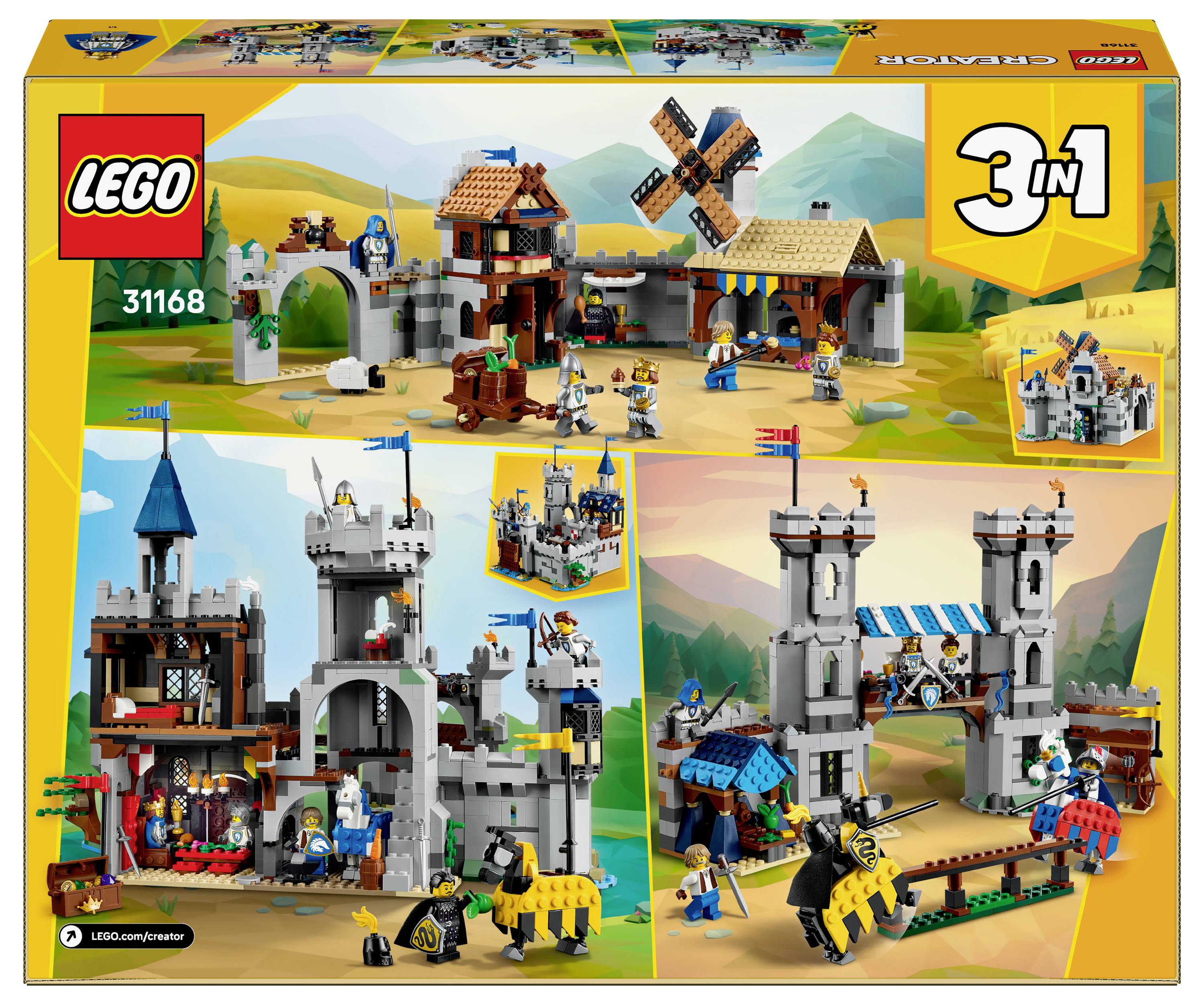 LEGO Creator 3-in-1 Středověký hrad sada 31168. Nabízí tři možnosti stavby: hrad s drakem, větrný mlýn a věžový most.