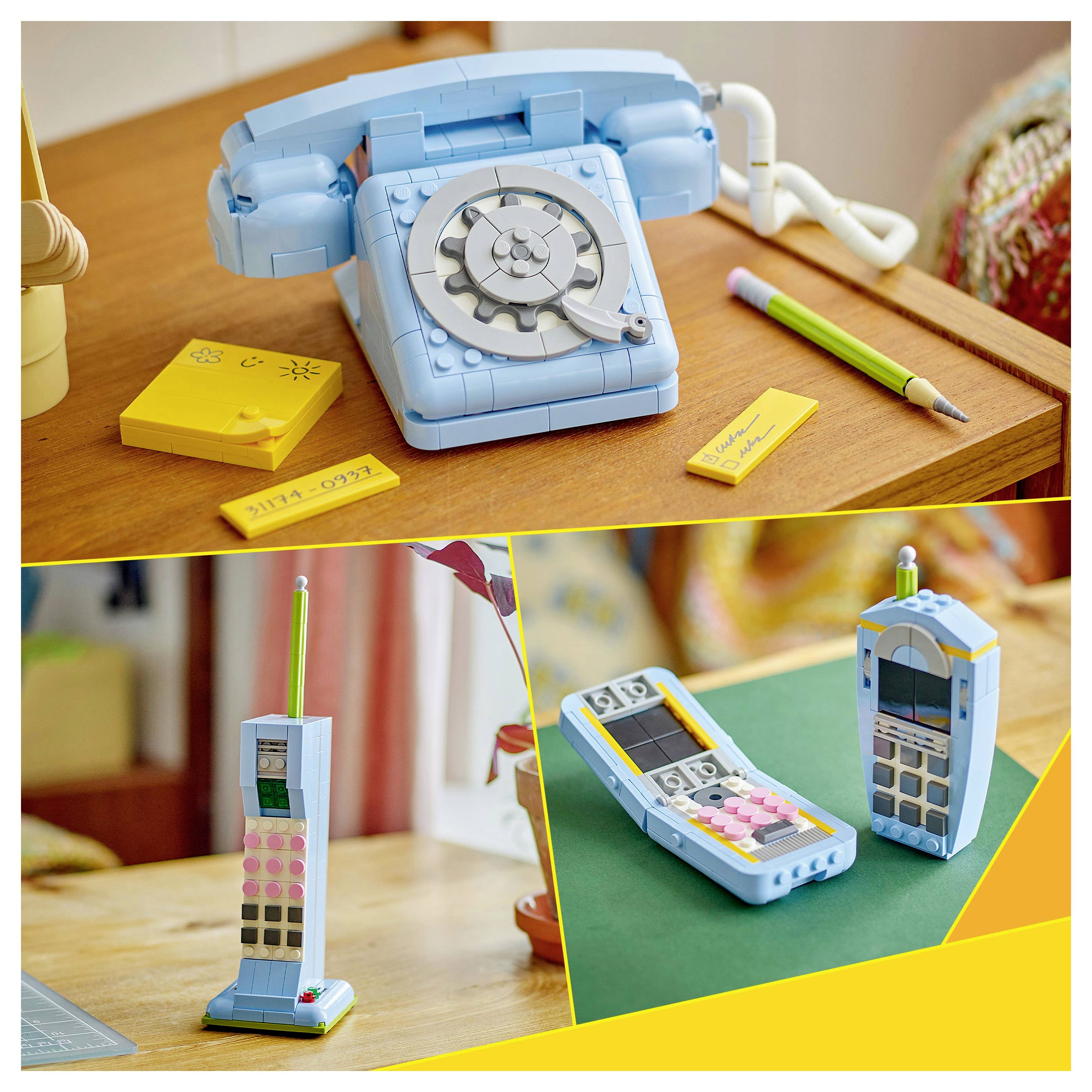 Vintage rotační telefon a dva rané mobilní telefony vyrobené z propojených cihel jsou vystaveny na dřevěném povrchu.