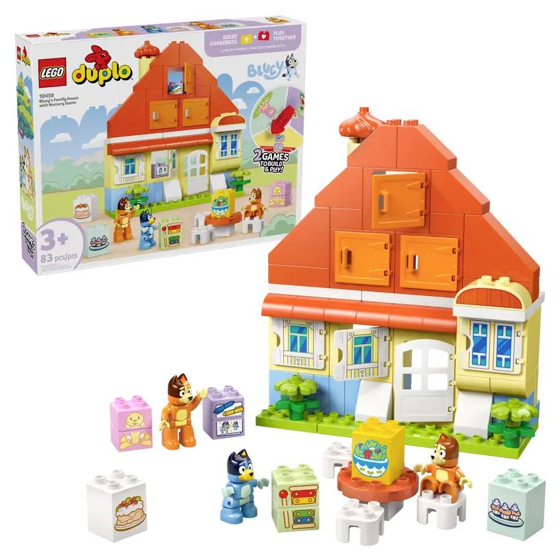 Sada LEGO DUPLO znázorňující dům Bluey. Obsahuje figurky Bluey a Binga, několik stavebních kostek a dům s otevřenou přední stranou.