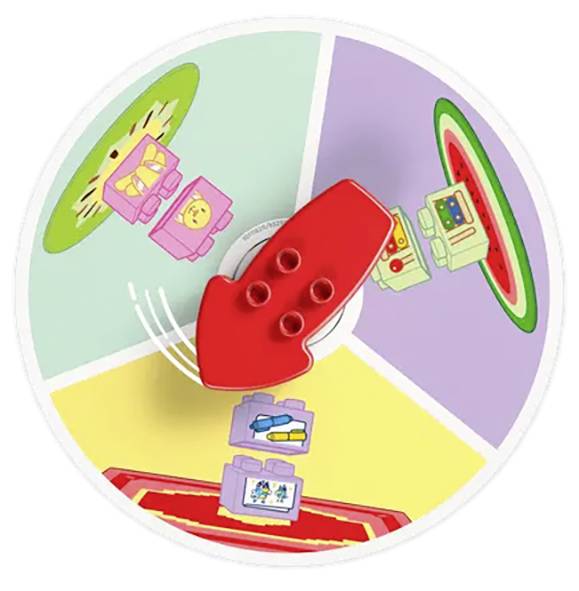 Barevná hračka spinner s červenou šipkou mířící do oblasti s obrázky melounu, zmrzliny a dalších hravých motivů.