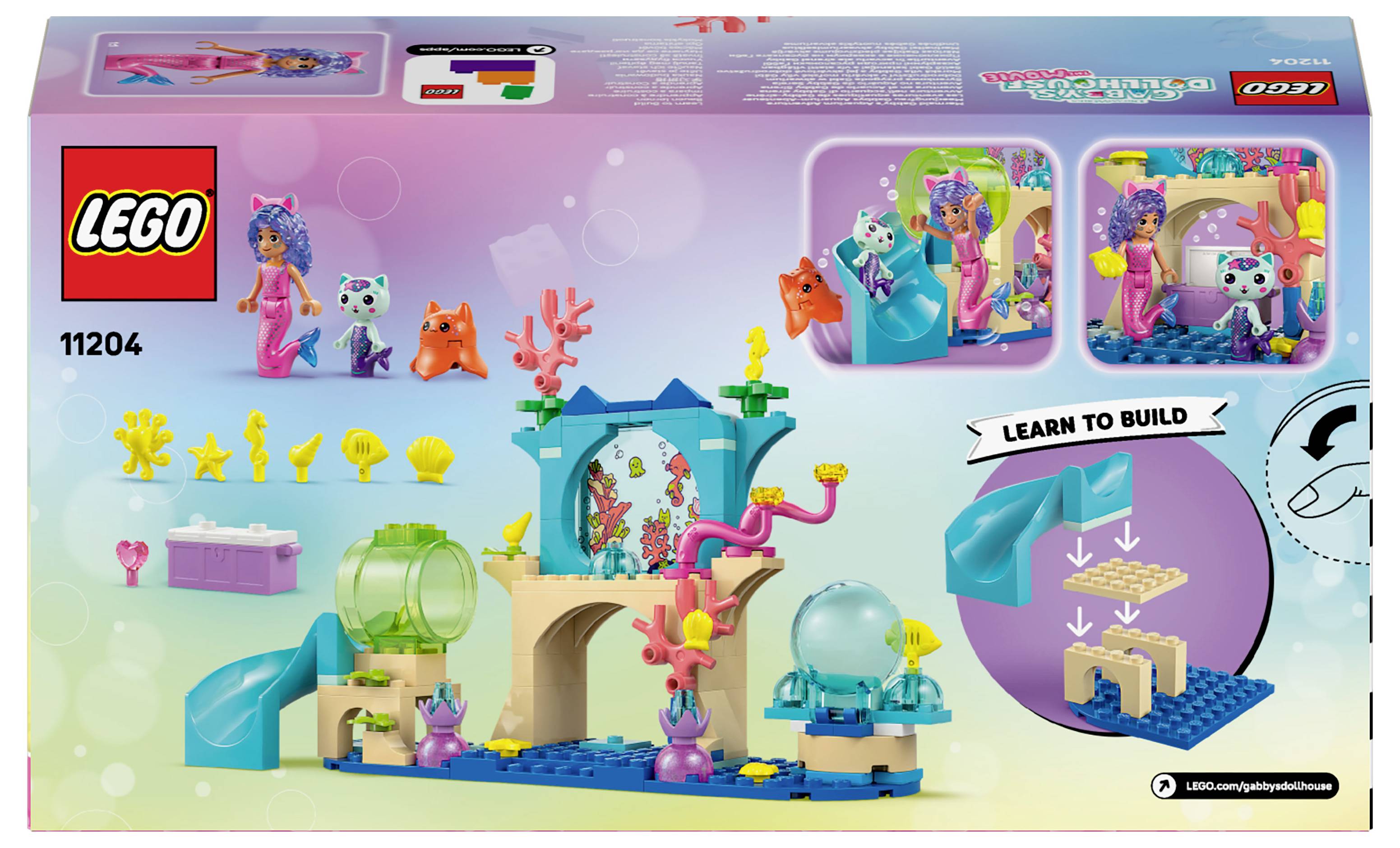 Sada LEGO s barevným podvodním tématem, která obsahuje malé figurky, skluzavku a příslušenství. Součástí je návod na stavbu a obrázky znázorňující montáž a herní scény.