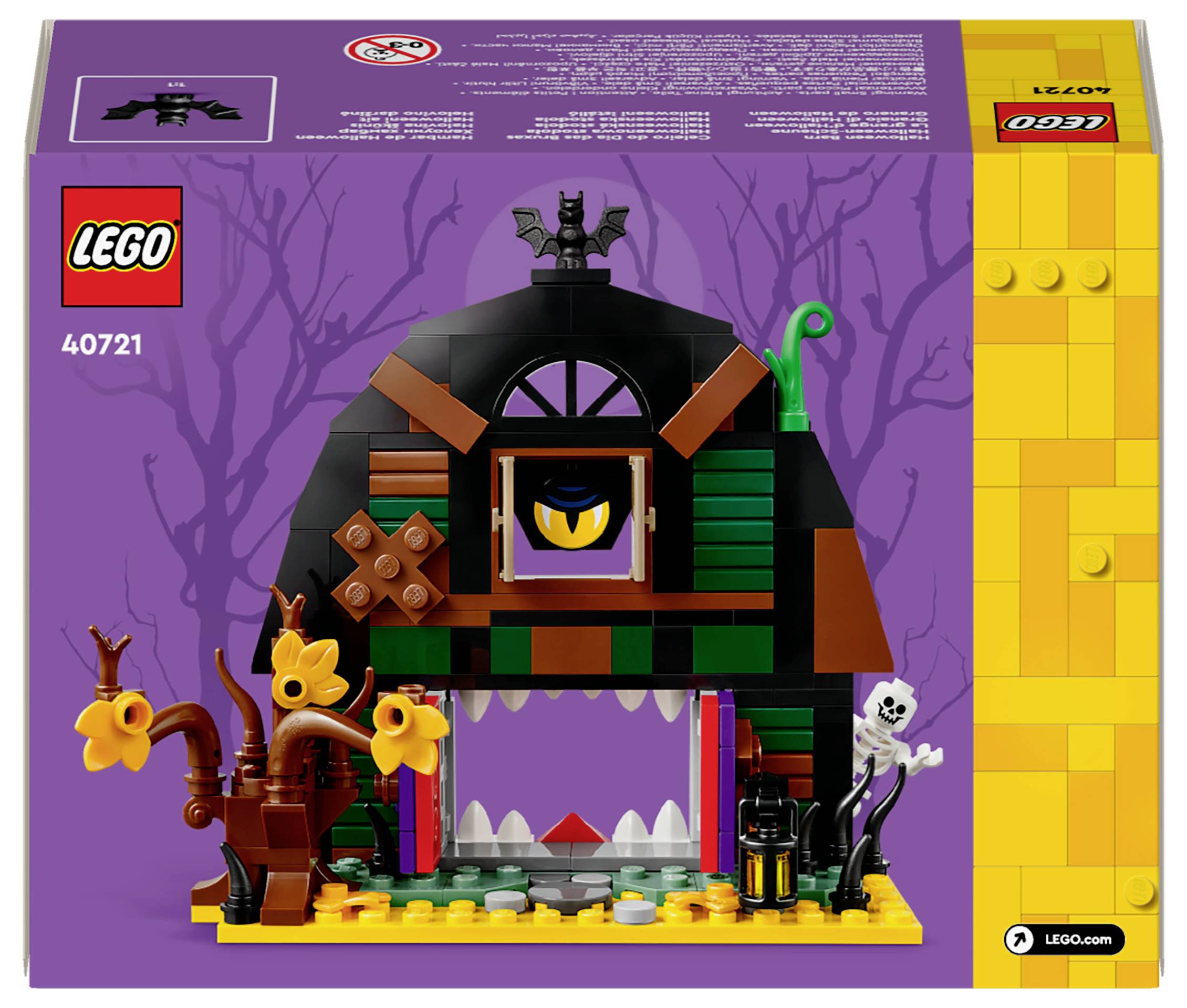 Sada Lego 40721 zobrazující halloweenskou scénu s děsivou fasádou domu, včetně monstrózního oka a podzimních dekorací.