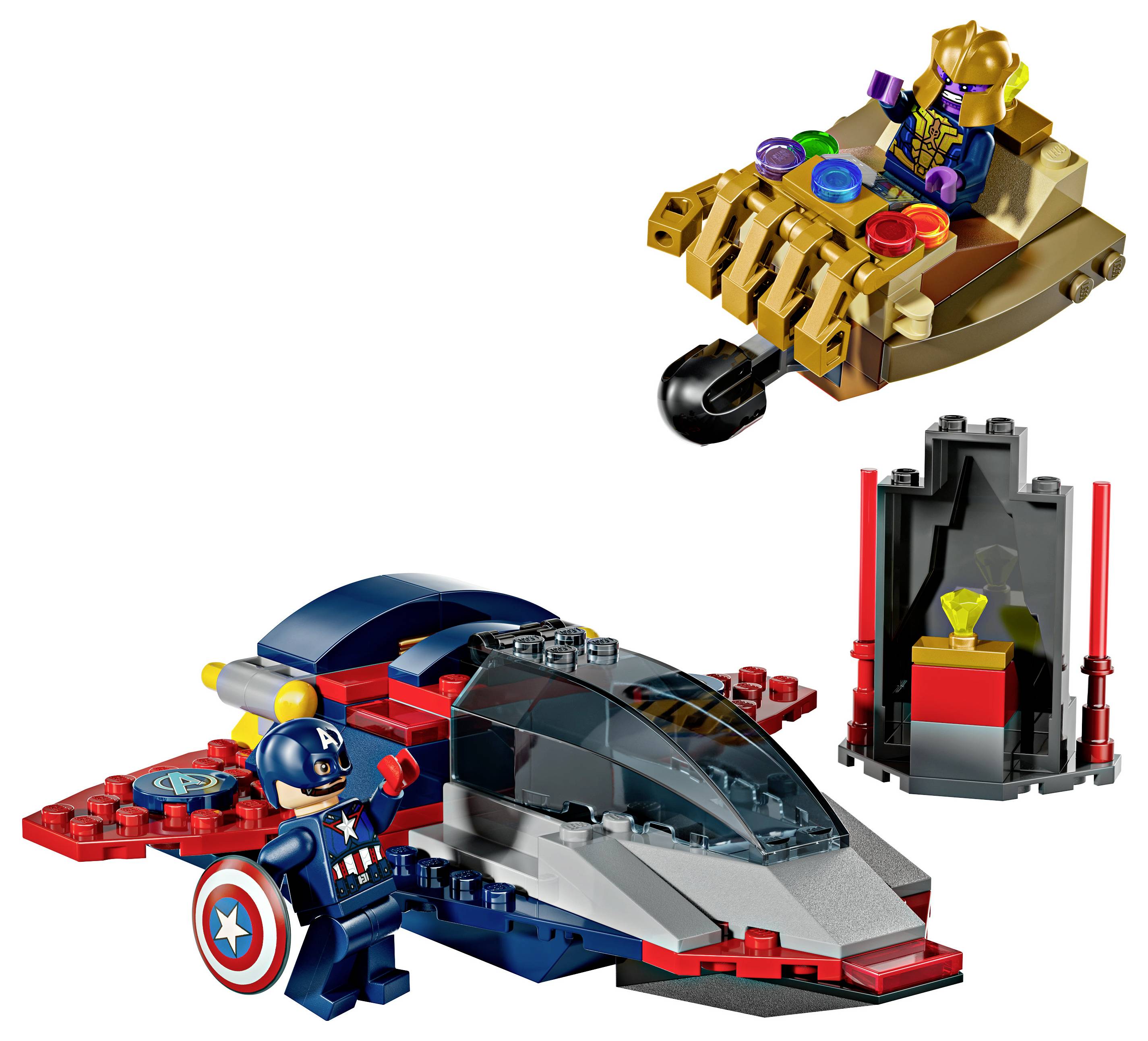 Sada LEGO zobrazující superhrdinu se štítem a vesmírnou lodí a padoucha sedícího na trůnu s rukavicí a vícebarevnými drahokamy.