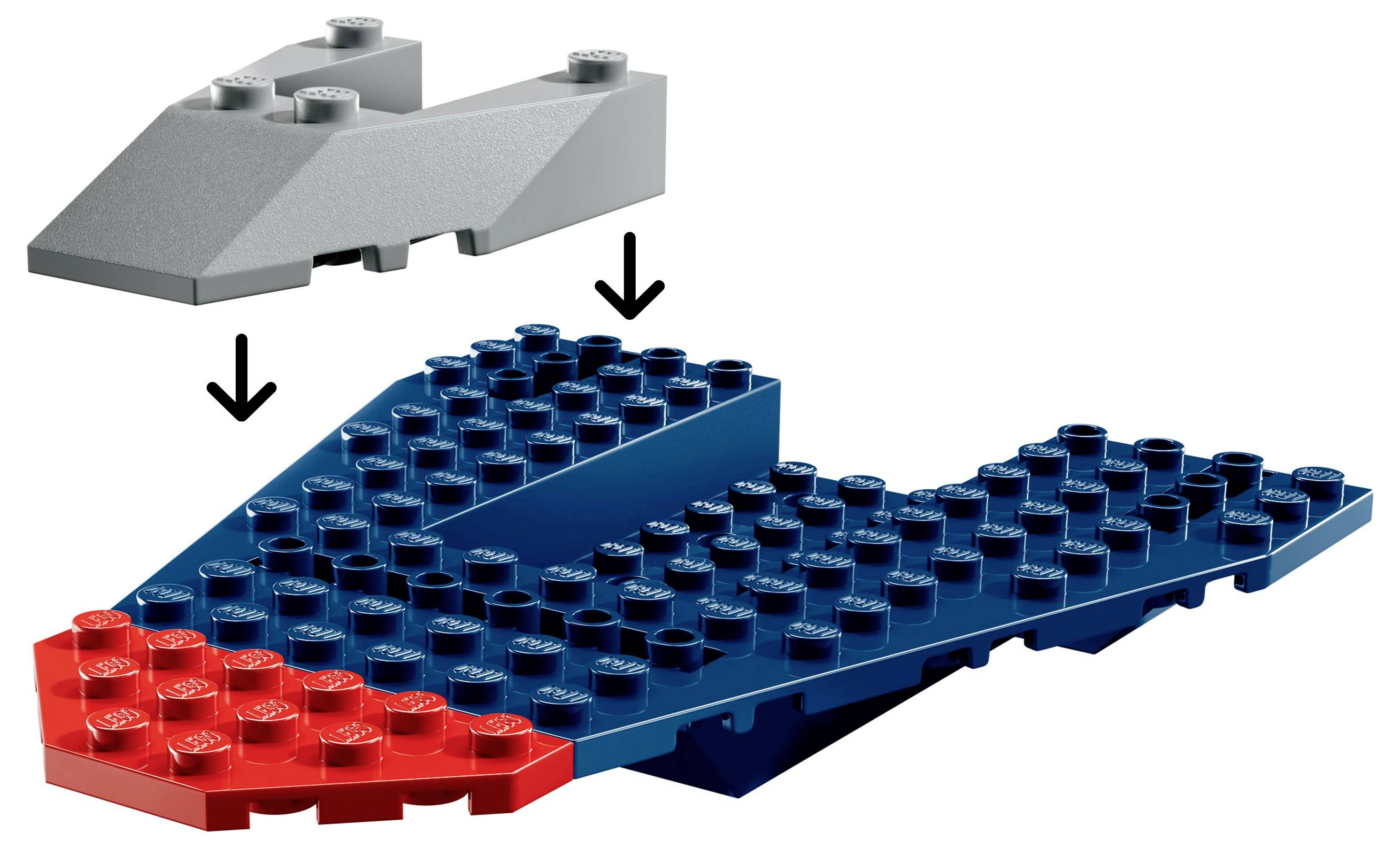 Díl LEGO je připojován k modré a červené základně LEGO se šipkami označujícími body připojení.