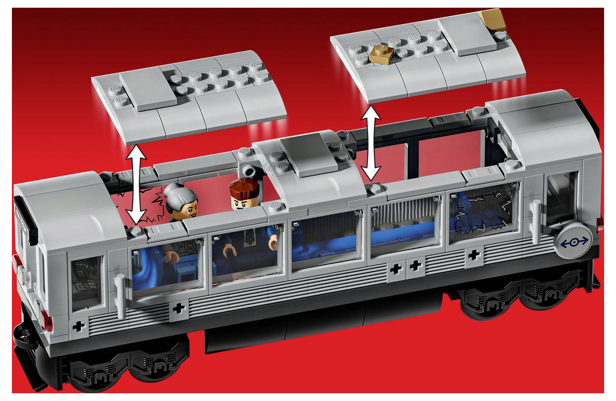 Model metra z LEGA s funkcí posuvné střechy, která odhaluje minifigurky uvnitř. Obrázek ukazuje, jak lze sejmouit střešní panely.