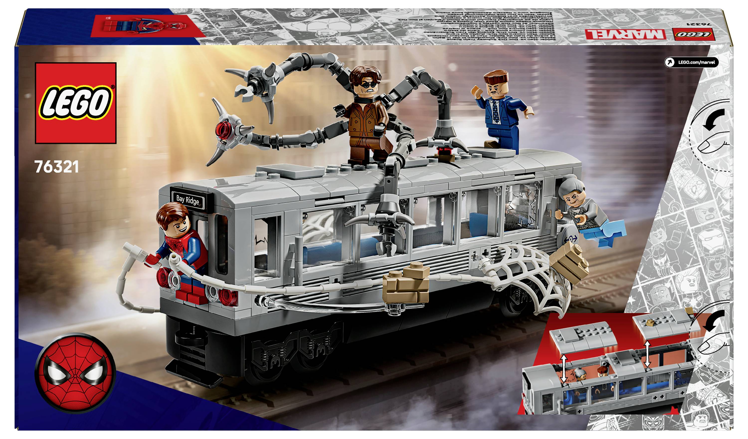 Sada LEGO s motivem Spider-Mana, která obsahuje metrový vlak, figurku Spider-Mana a další postavy, zapojené do akce na střeše vlaku.