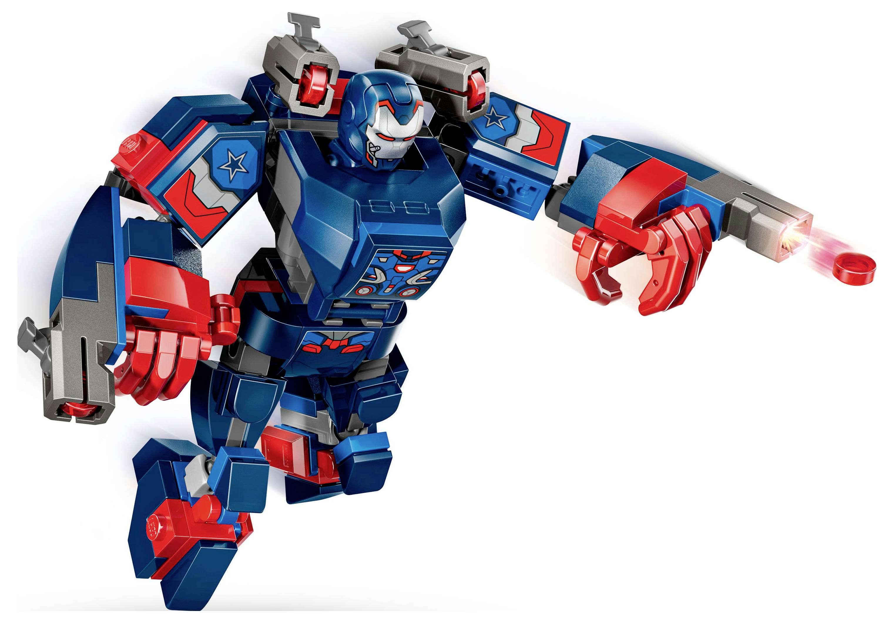 Modrý a červený hračkářský robot s hvězdným designem na hrudi je v dynamické póze a zdá se, že ukazuje dopředu, přičemž jeho špička prstu září světlem.