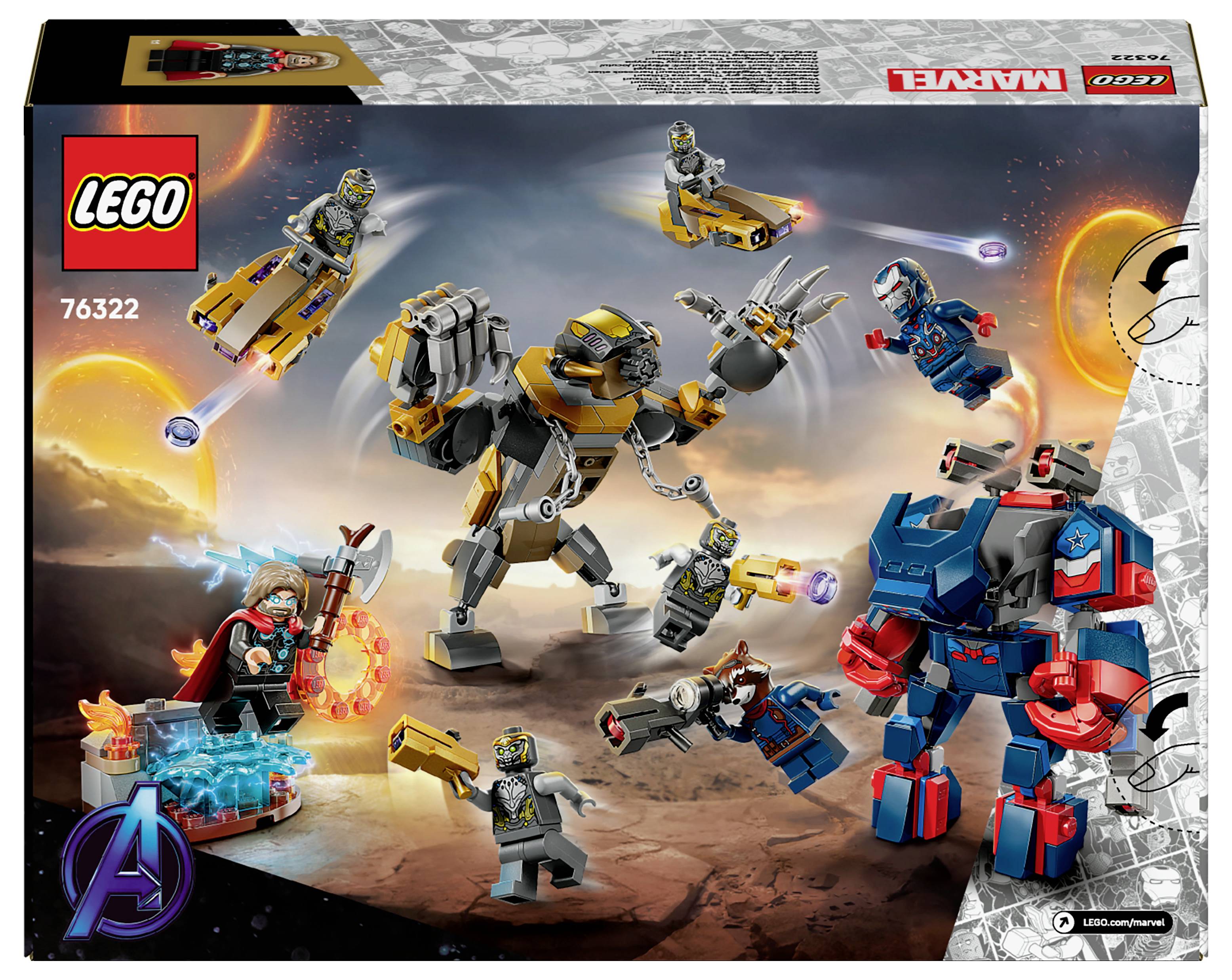 LEGO sada Marvel Avengers 76322 s motivem Iron Mana, Thanose a dvěma bojovými mechnickými stroji v akční scéně s kosmickým pozadím.