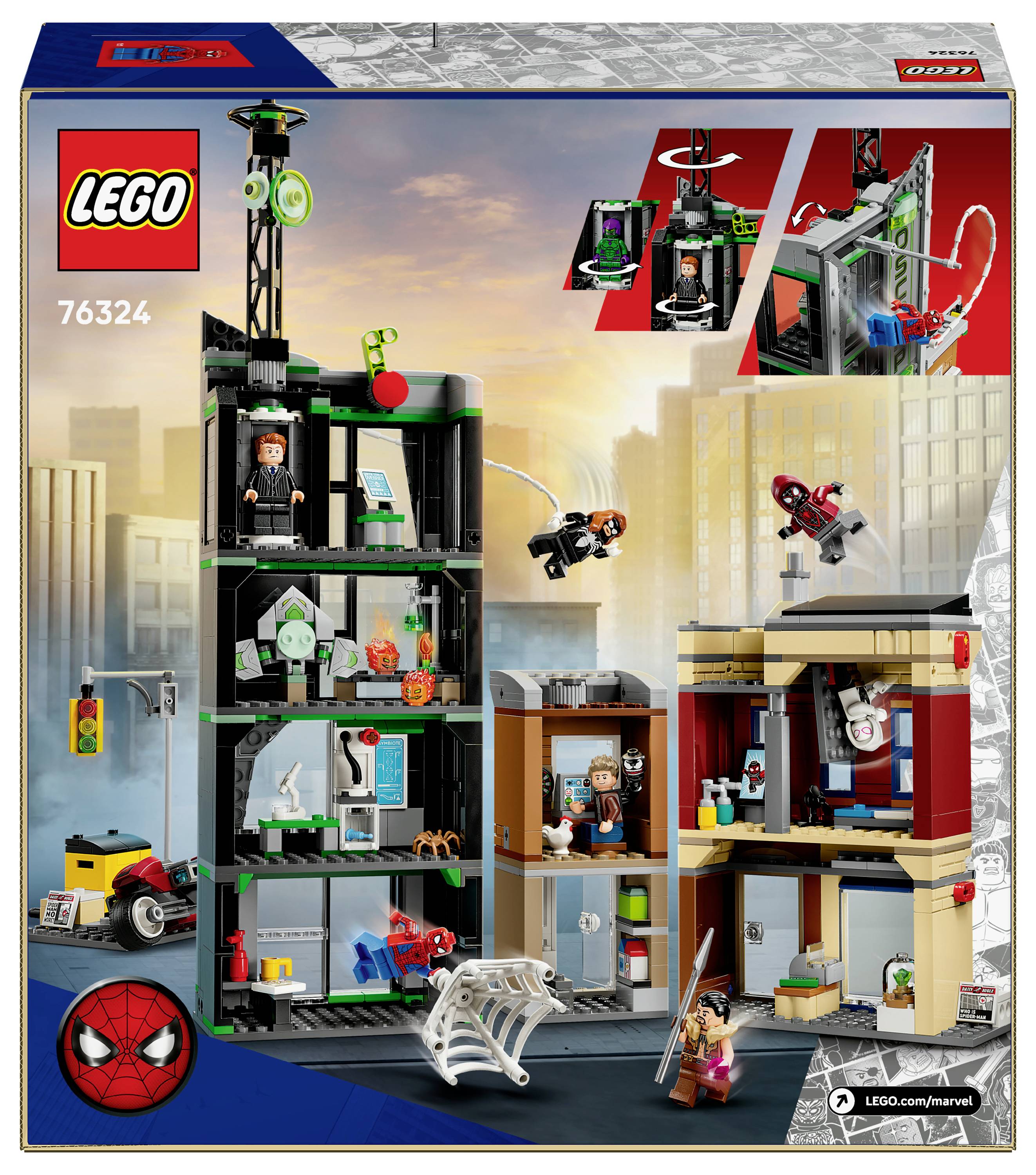 Sada LEGO 76324 s krabicí zobrazující Spider-Manovu základnu a několik akčních scén s mini figurkami a příslušenstvím před pozadím městské krajiny.