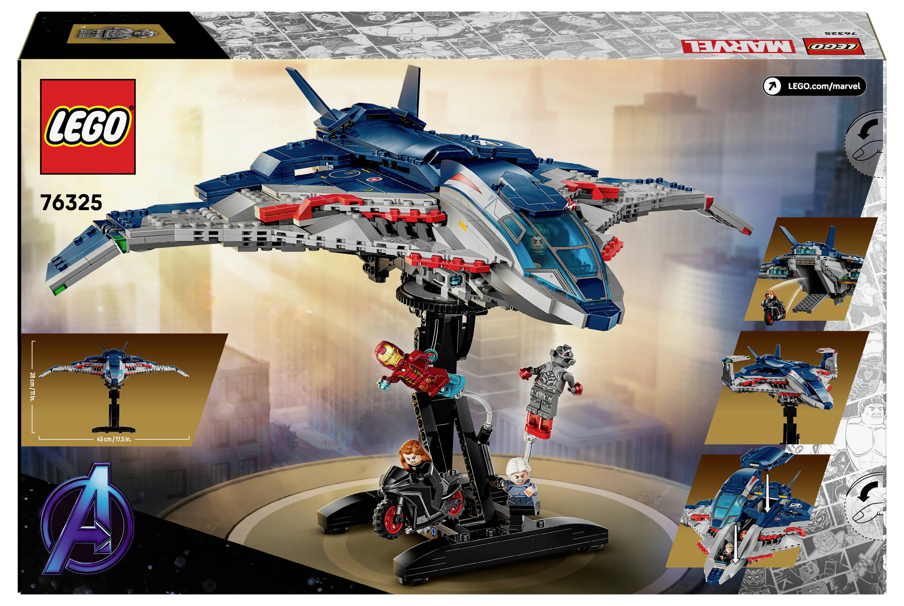 LEGO Marvel Avengers sada 76325 zobrazující model Helicarrieru Avengers s miniaturními figurkami Iron Mana, Kapitána Ameriky a dalšími.