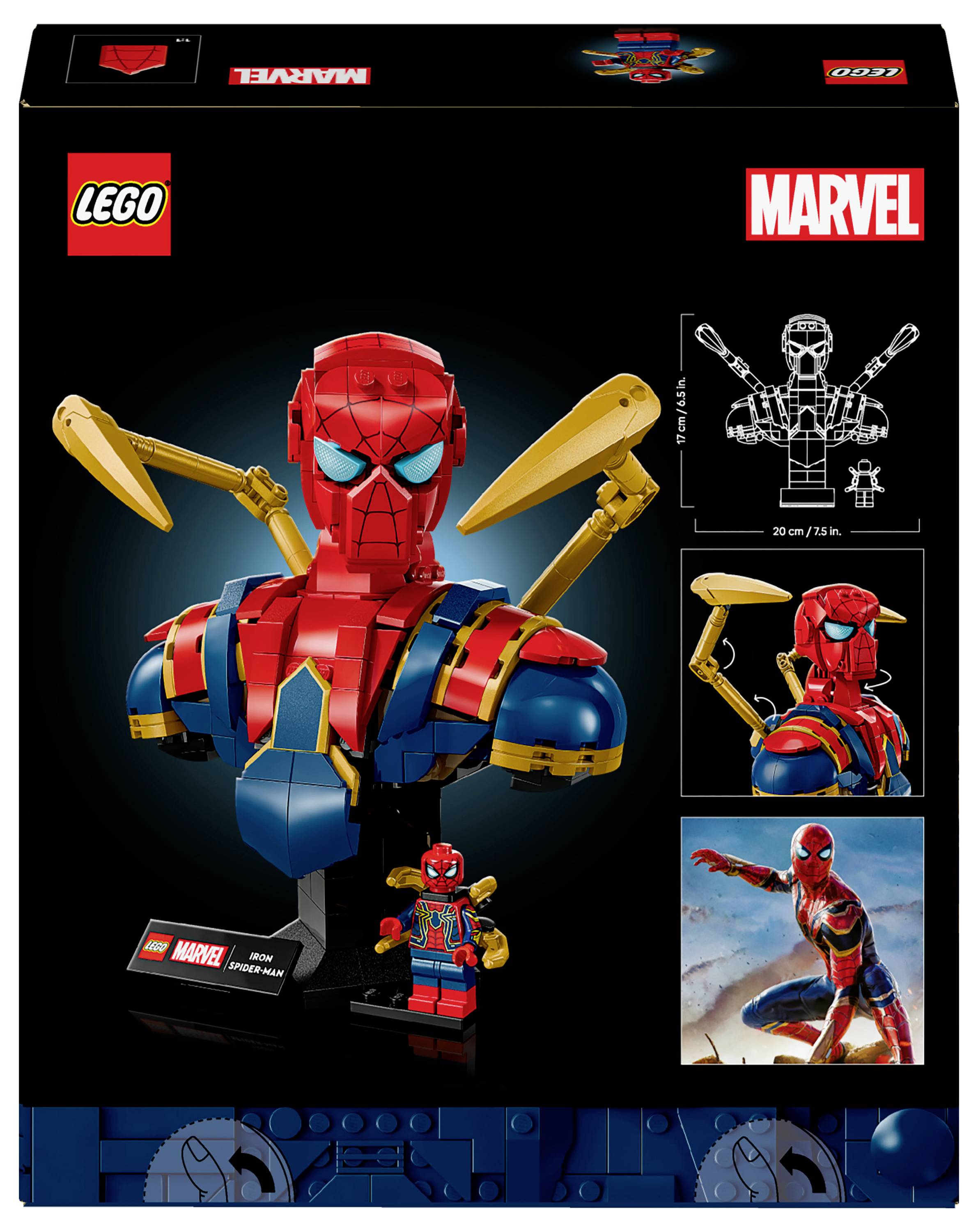 Krabice sady LEGO Marvel Spider-Man obsahující bstu Spider-Mana s mechanickými pažemi; včetně montážního diagramu a minifigurky Spider-Mana.