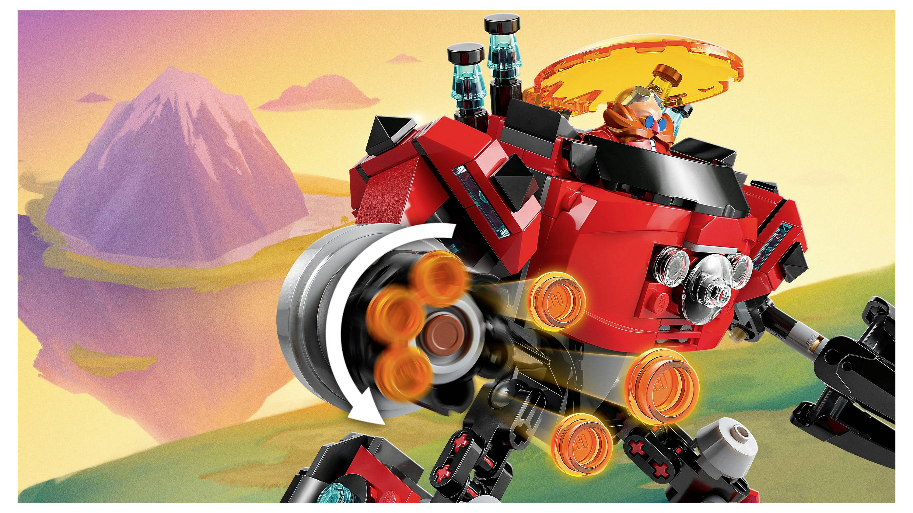 Červená a černá robotická figurka Lego s rotující paží přechází travnatou krajinou, v pozadí s horou a západem slunce.