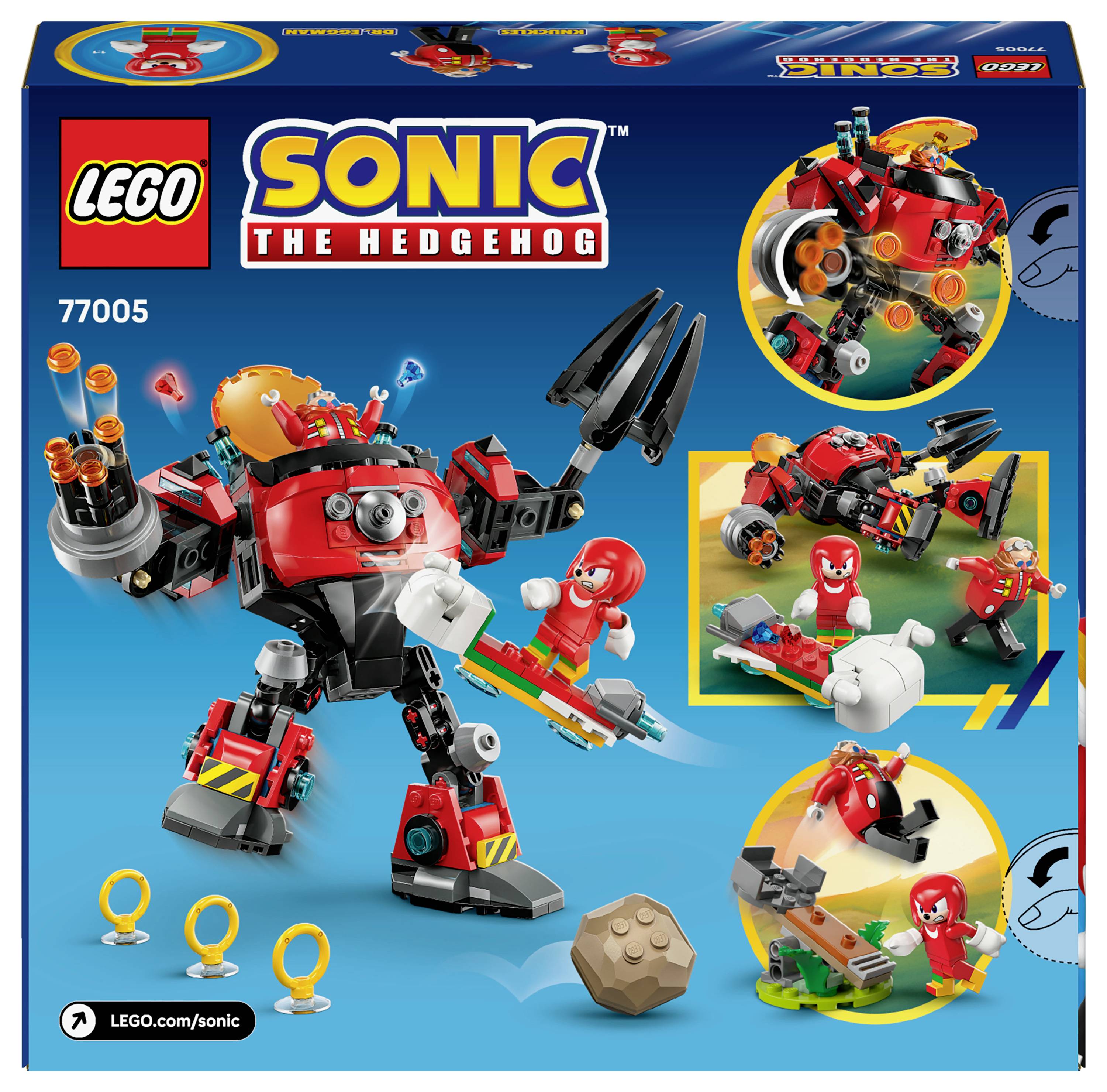 Sada LEGO zobrazující červeného robotického meche s dvojitými blastery, doprovázený postavou v červeném oblečení držící disk, s různými herními scénami.