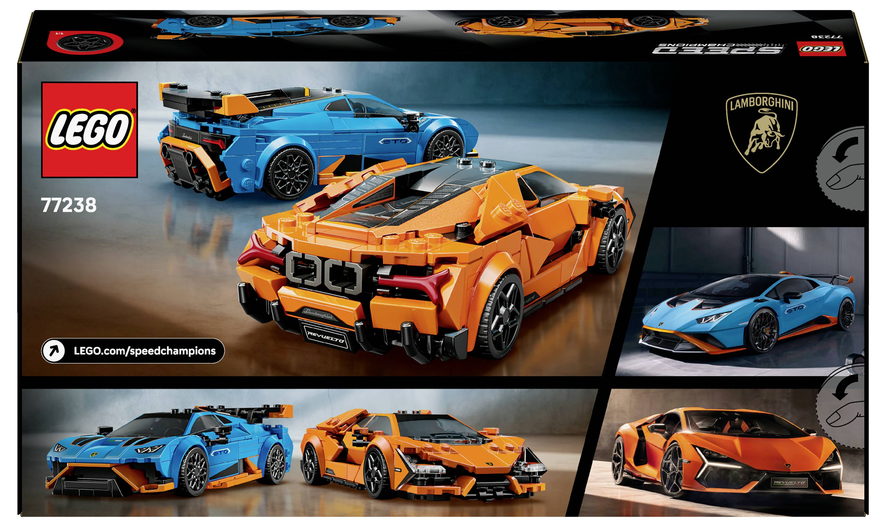 Sada LEGO 77238 s krabicí zobrazující oranžové a modré závodní vozy Lamborghini. Jsou zde zobrazena oficiální loga a odkaz na webové stránky.