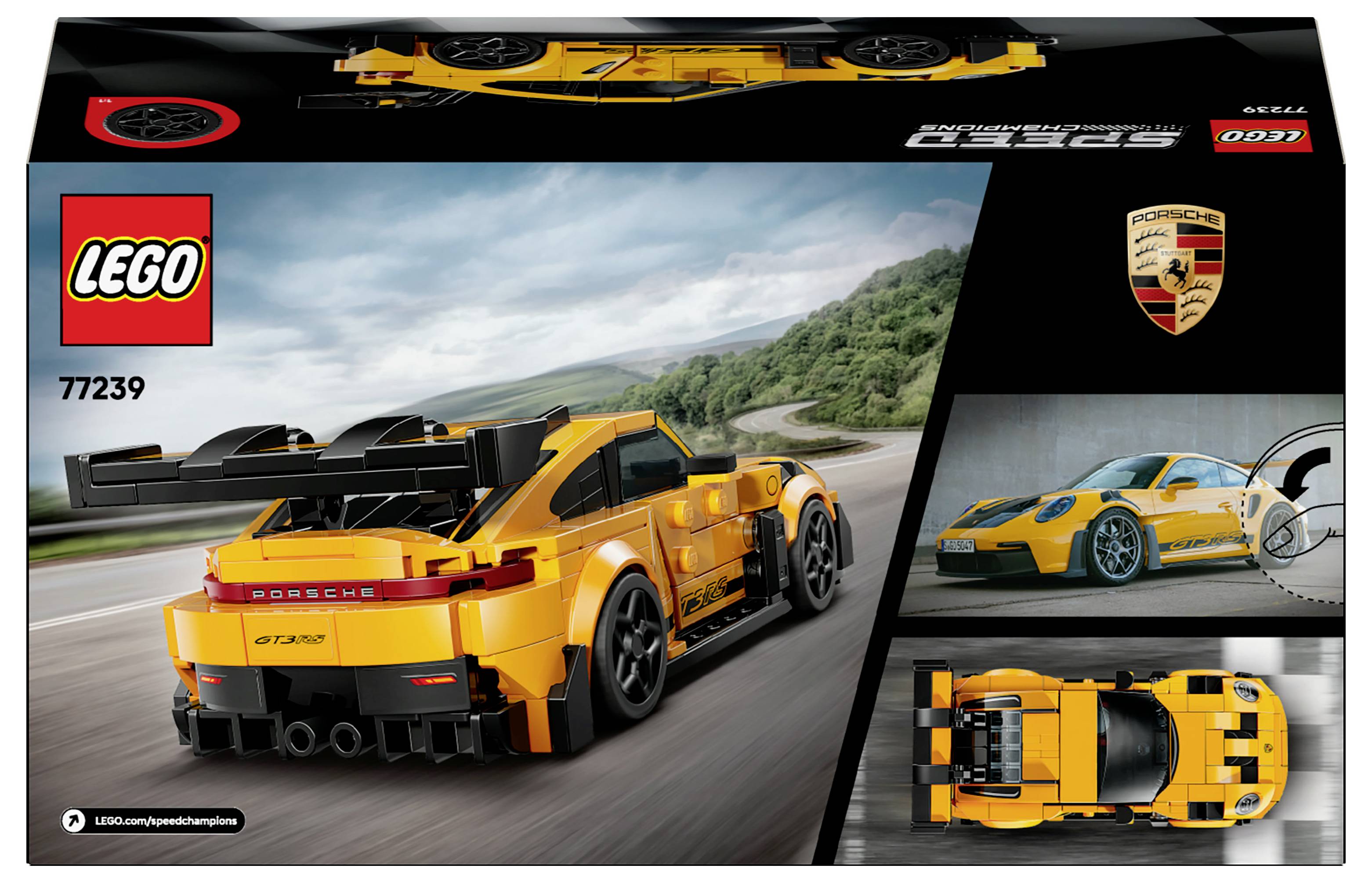 Stavebnicová krabice Lego Porsche 911 RSR zobrazující model auta v různých pohledech, včetně zadního, bočního a horního pohledu, s logem Porsche.