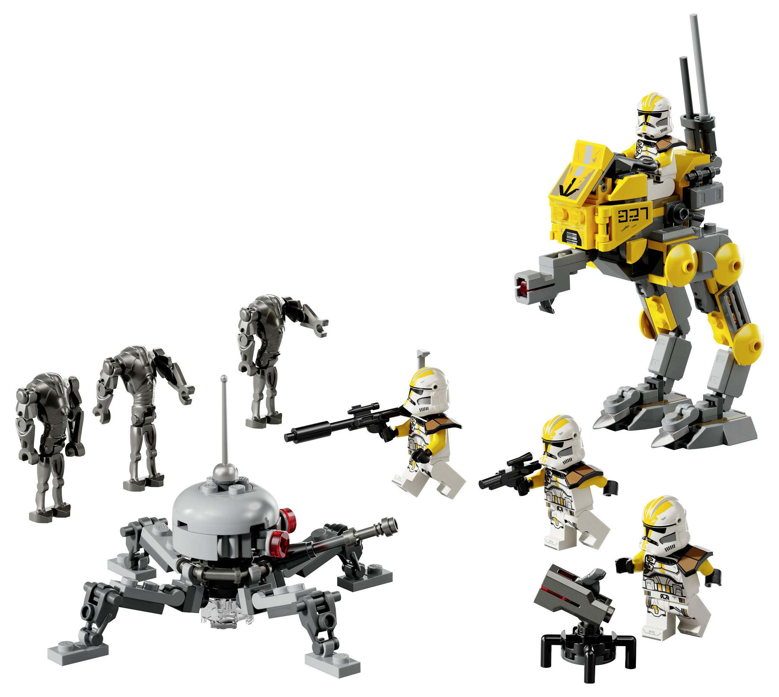 Sada Lego zobrazující Clone Troopers s blastrery, žlutý AT-RT Walker, Pavoučí droid a bojové droidy, zachycující scénu z Star Wars.