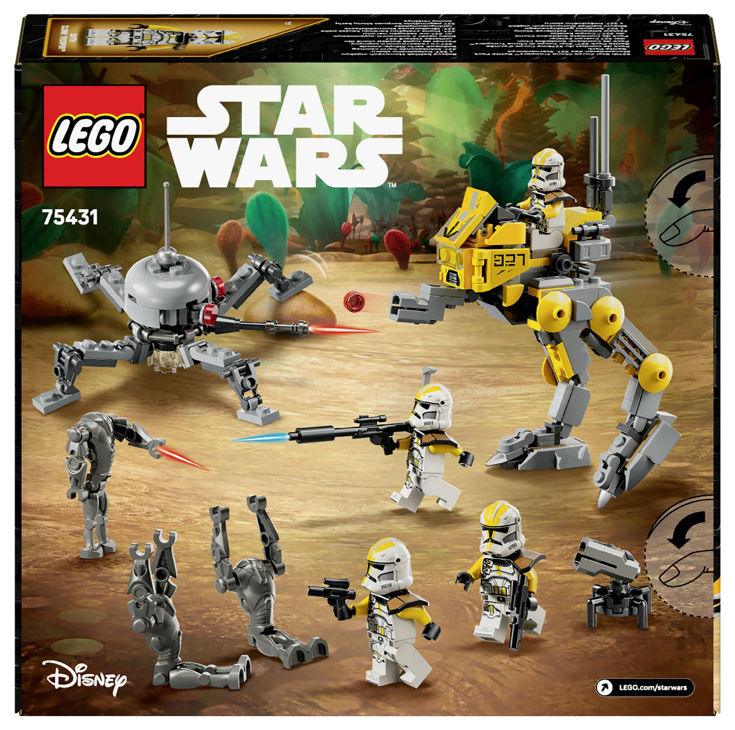 Sada LEGO Star Wars 75431 s krabicí zobrazující žlutý AT-RT, pavoučí droid, klonové vojáky a různé zbraně na pozadí bojového pole.