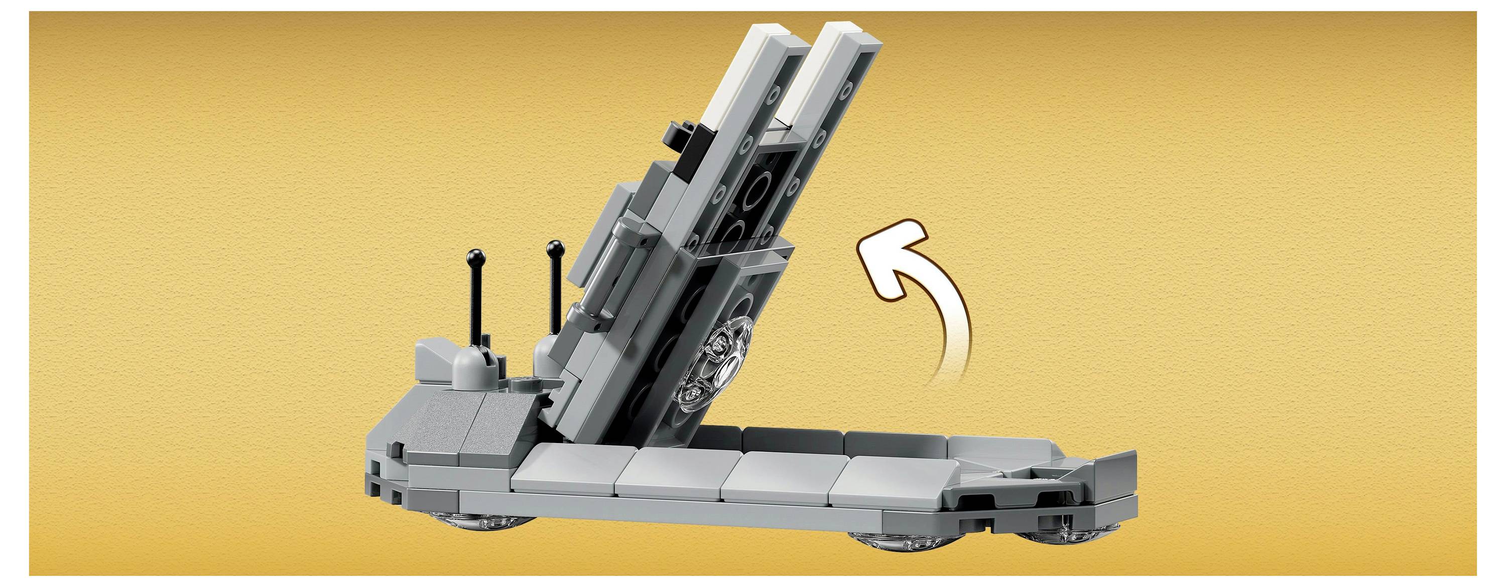 Struktura z LEGO s naklápěcí sekcí znázorněnou šipkou na žlutém pozadí.
