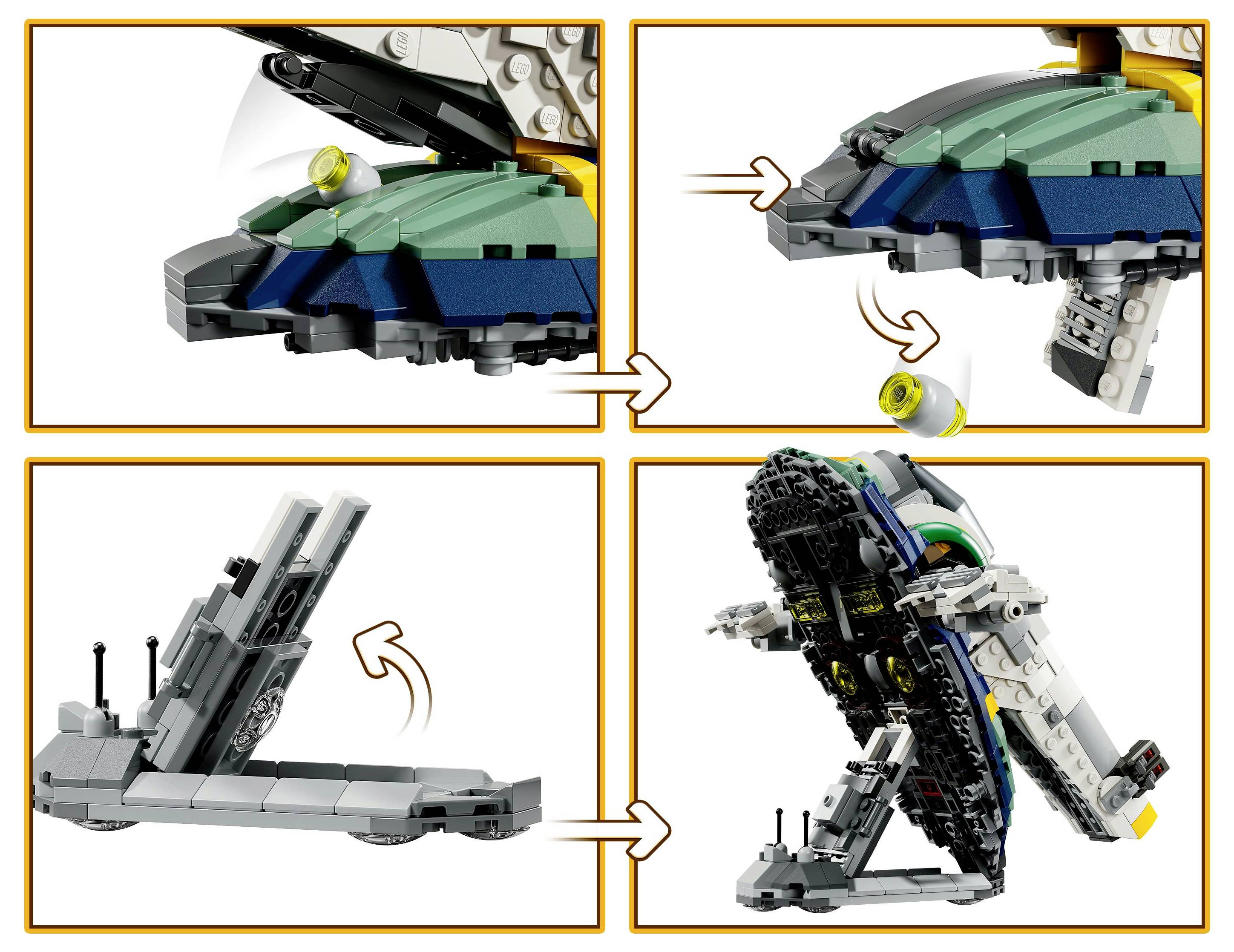 Čtyřkrokový návod na sestavení LEGO sady: vlevo nahoře znázorňuje pohyb dílu, vpravo nahoře ukazuje detaily připojení části, vlevo dole zobrazuje rozšíření panelu, vpravo dole znázorňuje svislou montáž.