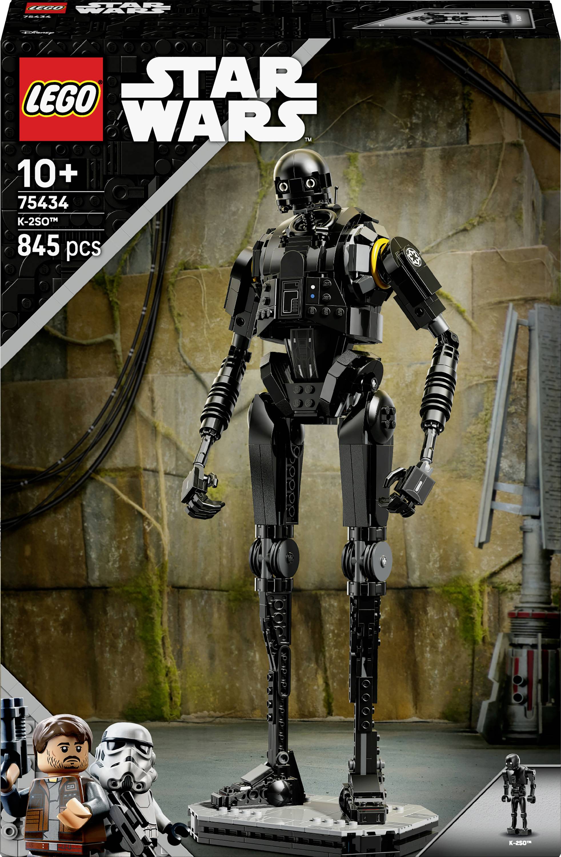 Sada LEGO představující model droida K-2SO ze Star Wars, číslo sady 75345, určená pro děti od 10 let, obsahující 845 dílků, zobrazená před industriálním pozadím.