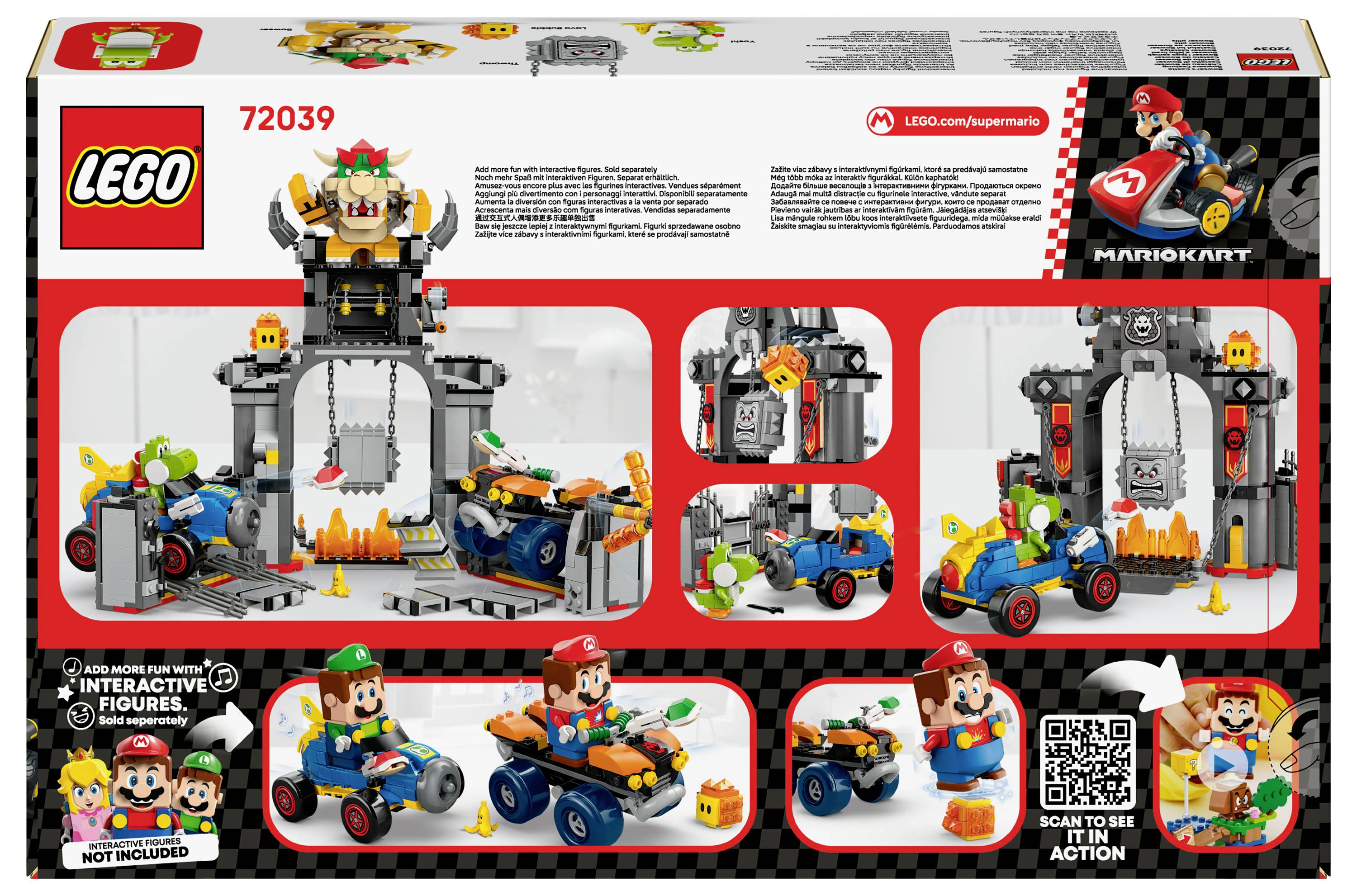 Krabice zobrazující LEGO sadu Super Mario. Ukazuje Maria v motokáře na trati s překážkami a postavami. Propaguje interaktivní herní zážitek.