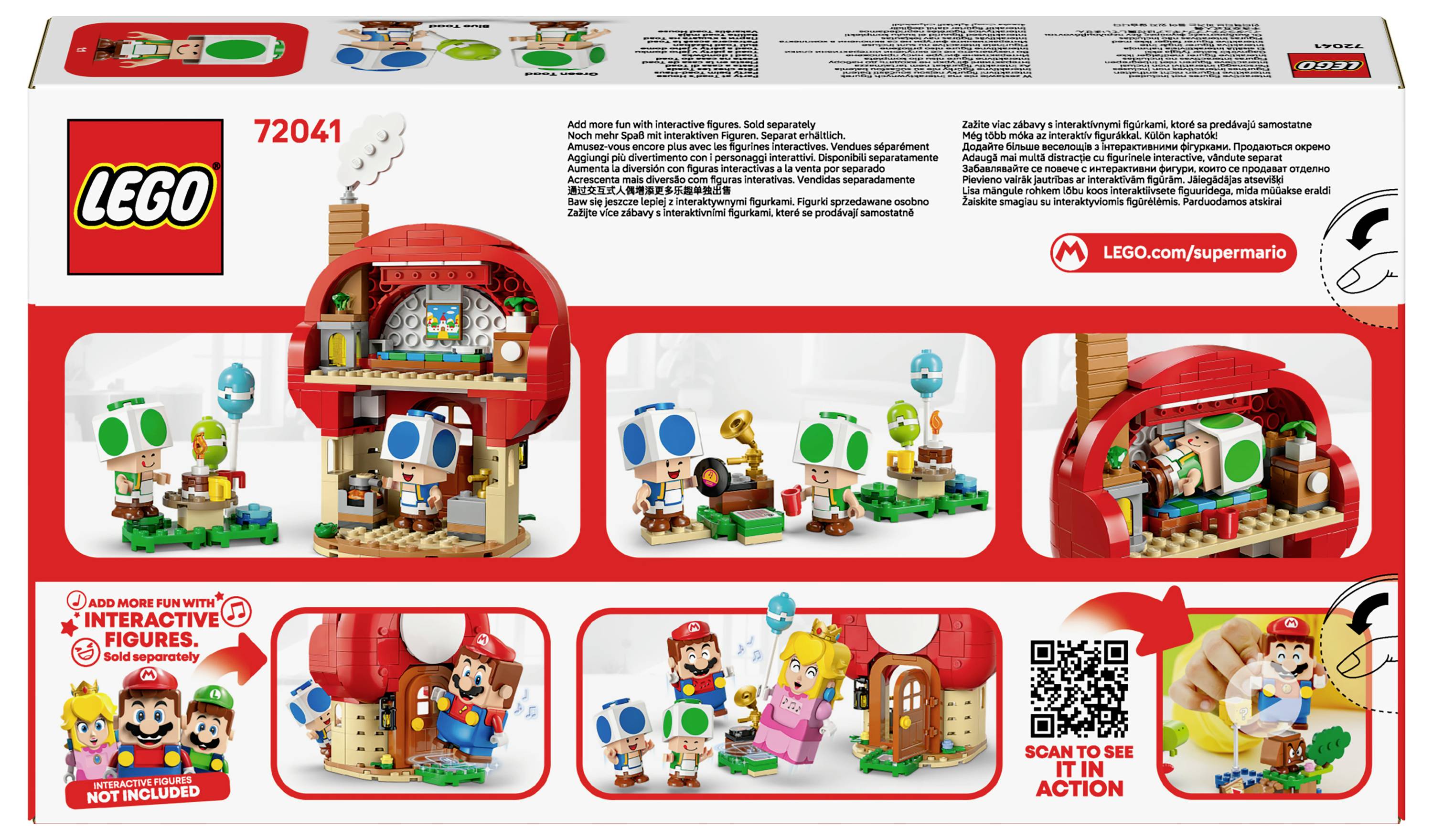 Zadní strana krabice sady Lego 72041 'Super Mario' zobrazující kroky montáže a herní prvky. Obsahuje propagaci digitální interaktivity a QR kód.
