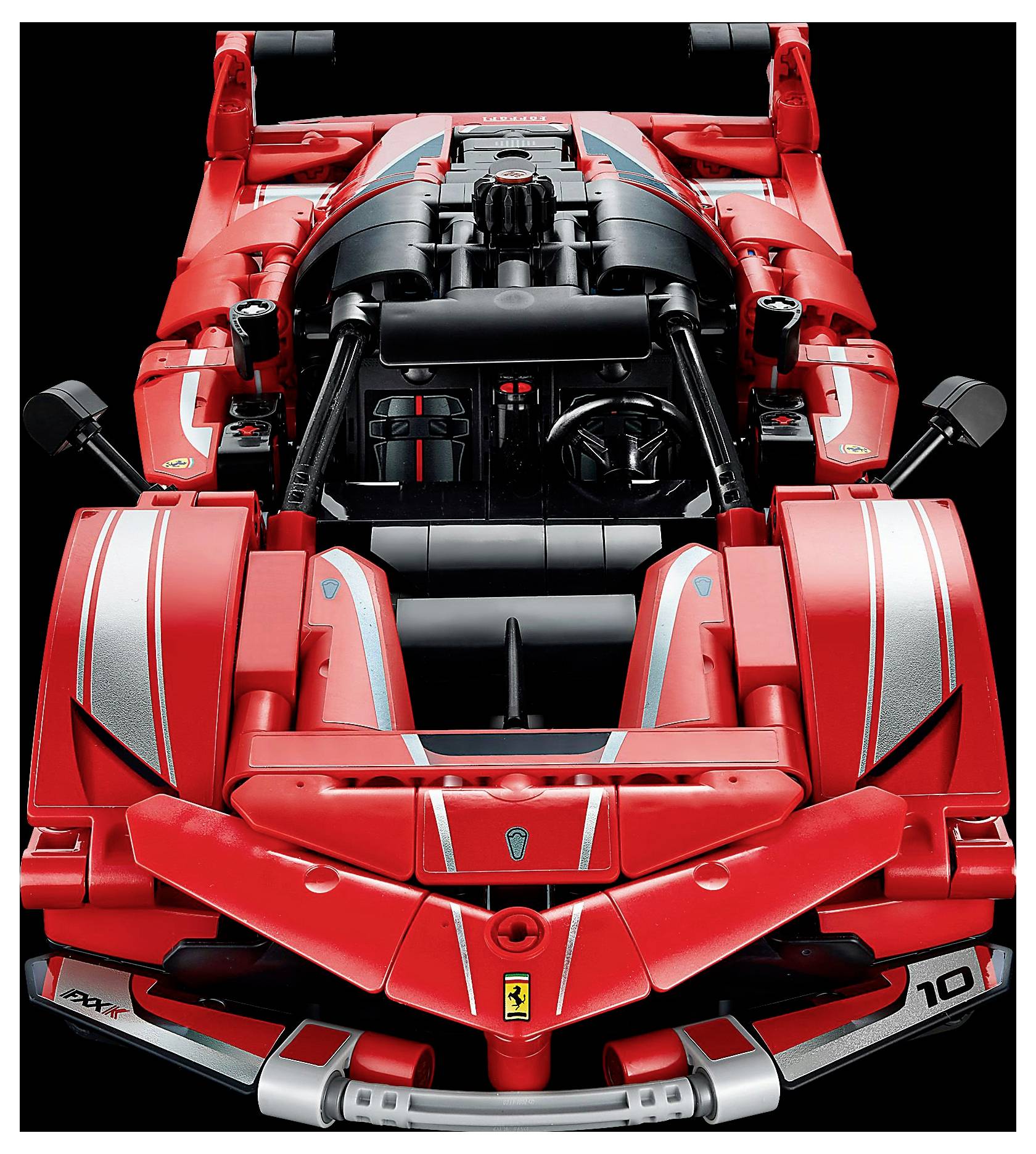 Detailní model červeného sportovního vozu s aerodynamickými designovými prvky, výraznými chromovanými detaily a viditelnými vnitřními komponenty.