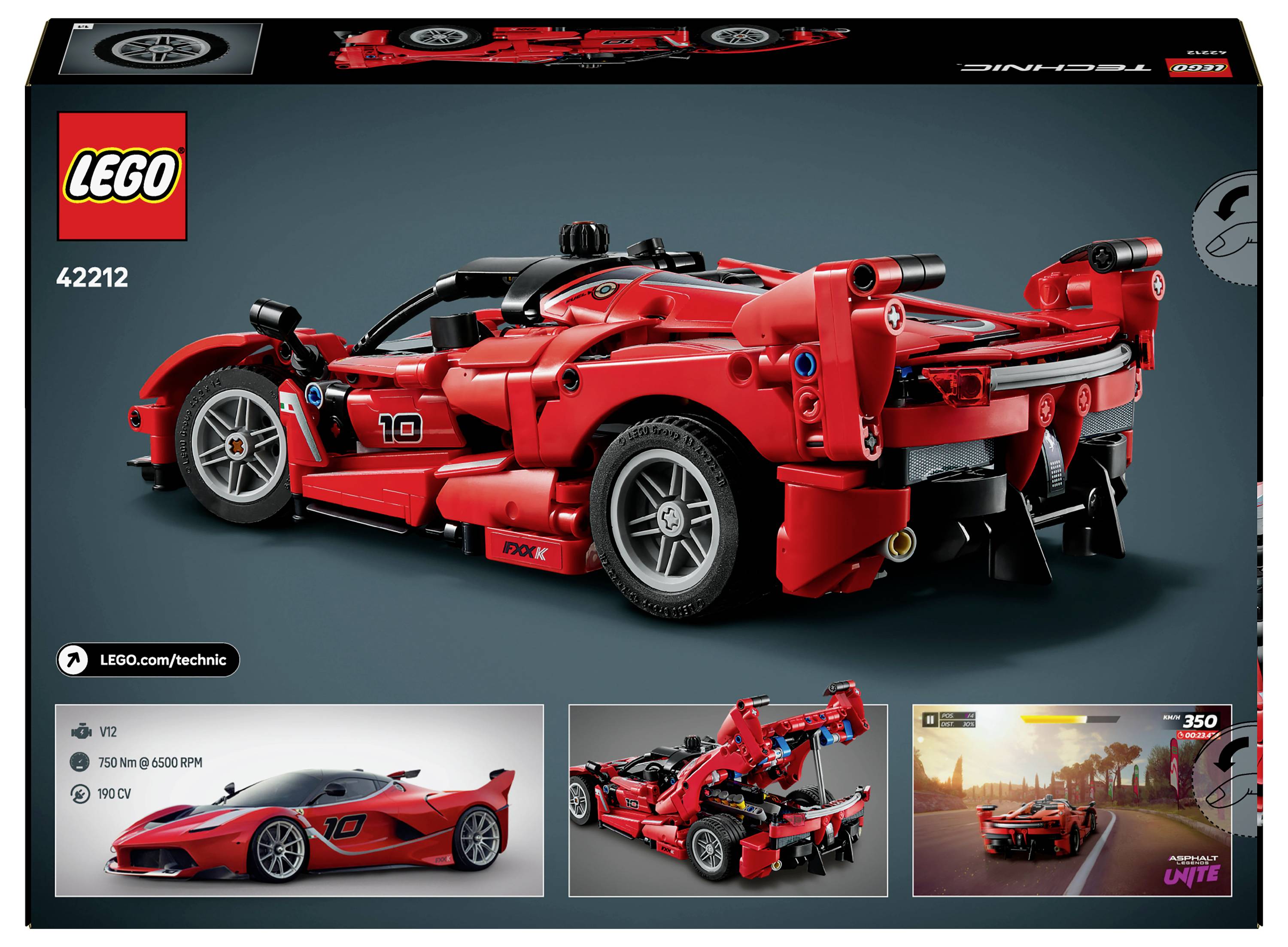 Sada LEGO Technic 42212 s modelem červeného sportovního vozu. Krabice obsahuje obrázky vozidla z různých úhlů a jeho funkcí.