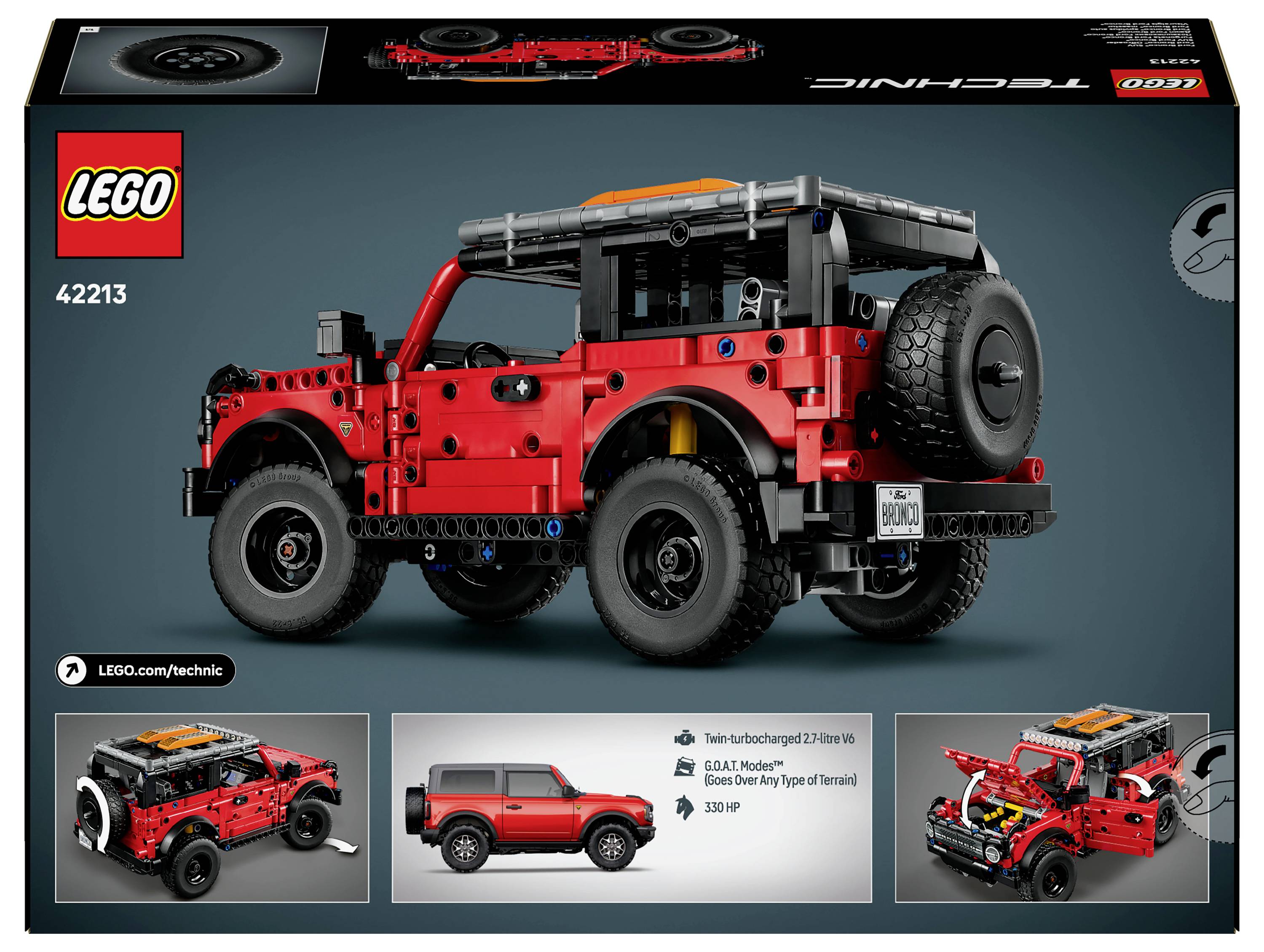 Obrázek ukazuje LEGO Technic soupravu, model číslo 42213, červeného terénního vozidla s detailními prvky, jako je náhradní pneumatika a otevřená kapota.