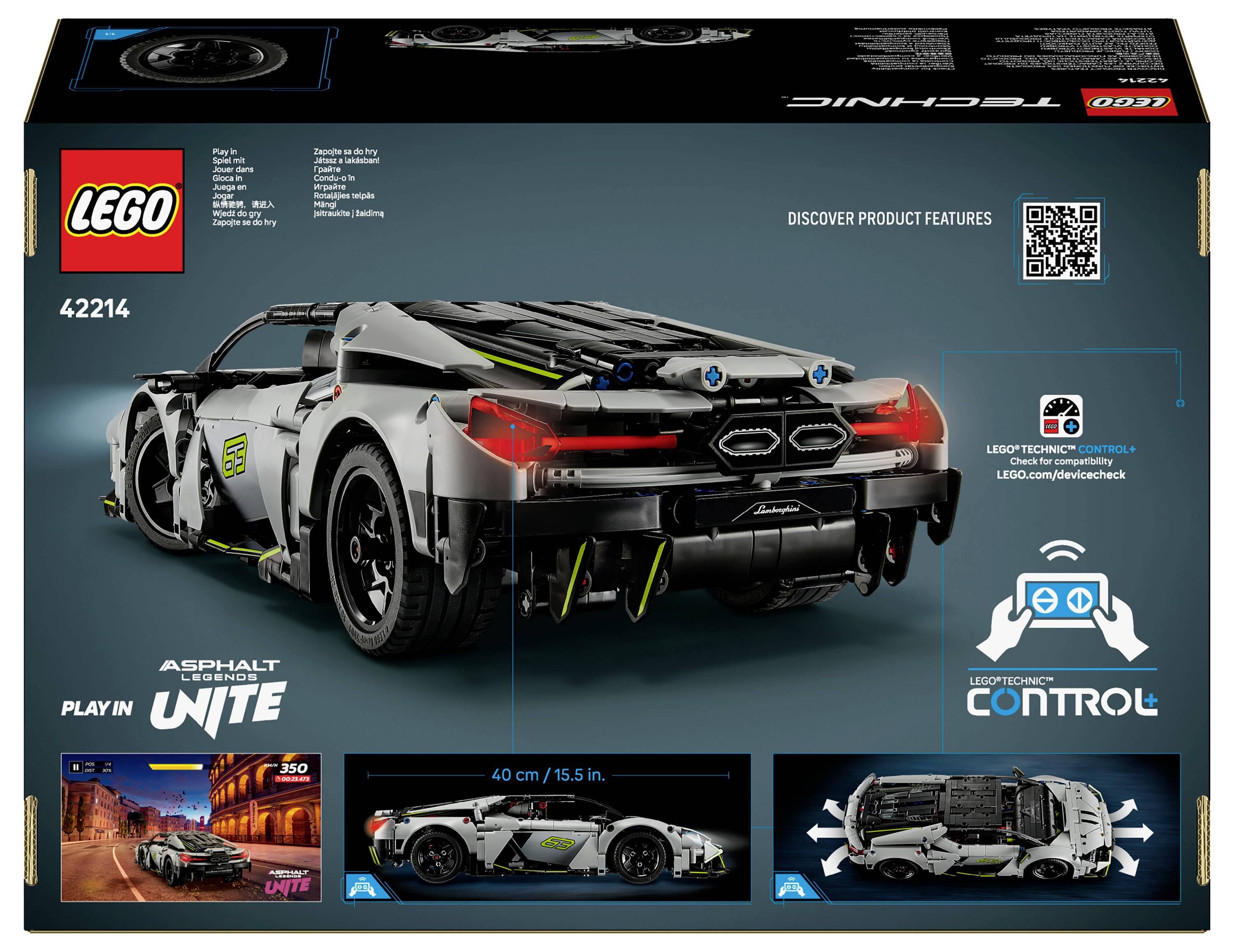 LEGO Technic sada 42124 s krabicí zobrazující detailní model bílého závodního vozu. Hlavní výhody zahrnují měřítkové rozměry a funkce ovládané přes aplikaci.