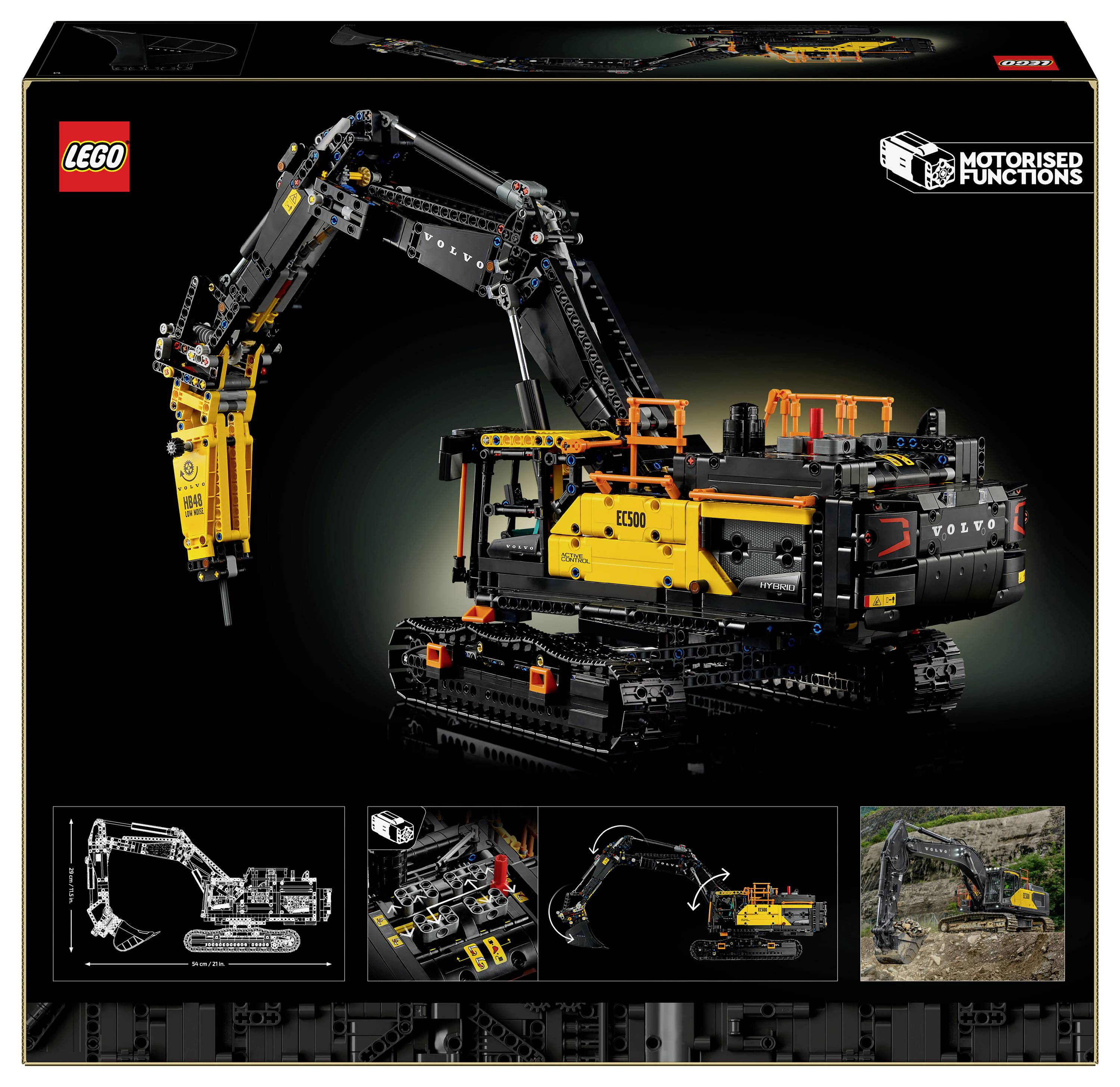 Obrázek zobrazuje LEGO Technic soupravu motorového rypadla Volvo, která nabízí realistické funkce, seznam dílů a značení Volvo.