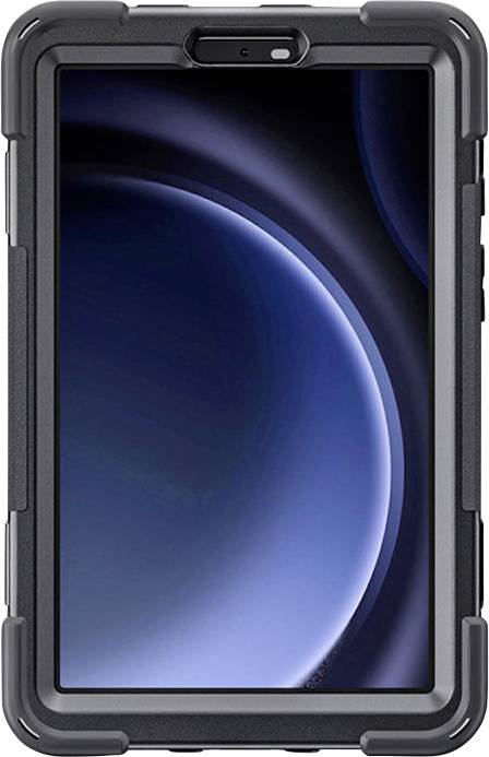 Smartphone v robustním černém ochranném krytu, pohled zepředu.