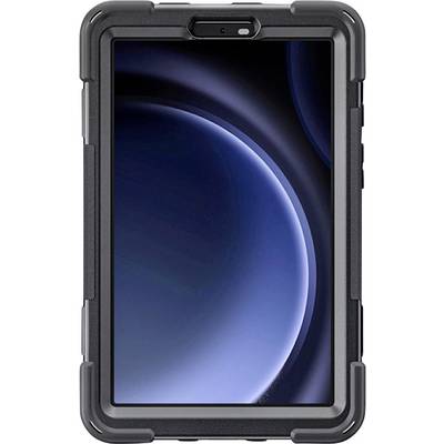 Smartphone v robustním černém ochranném krytu, pohled zepředu.