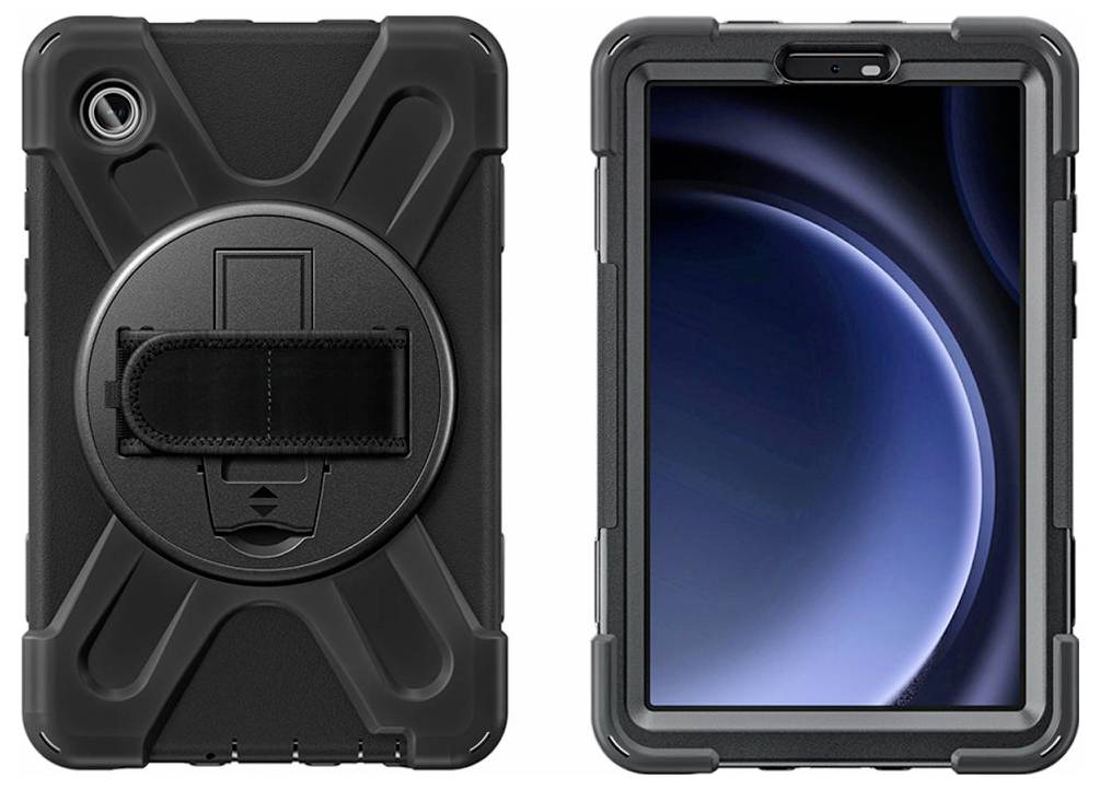 Přední a zadní pohled na robustní černé pouzdro tabletu s integrovaným držákem a kruhovým designem pro zvýšenou ochranu.