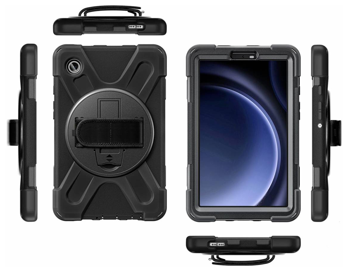 Robustní obal na tablet s černým designem. Různé pohledy ukazují ochrannou funkci, stojan a poutko pro stabilitu.