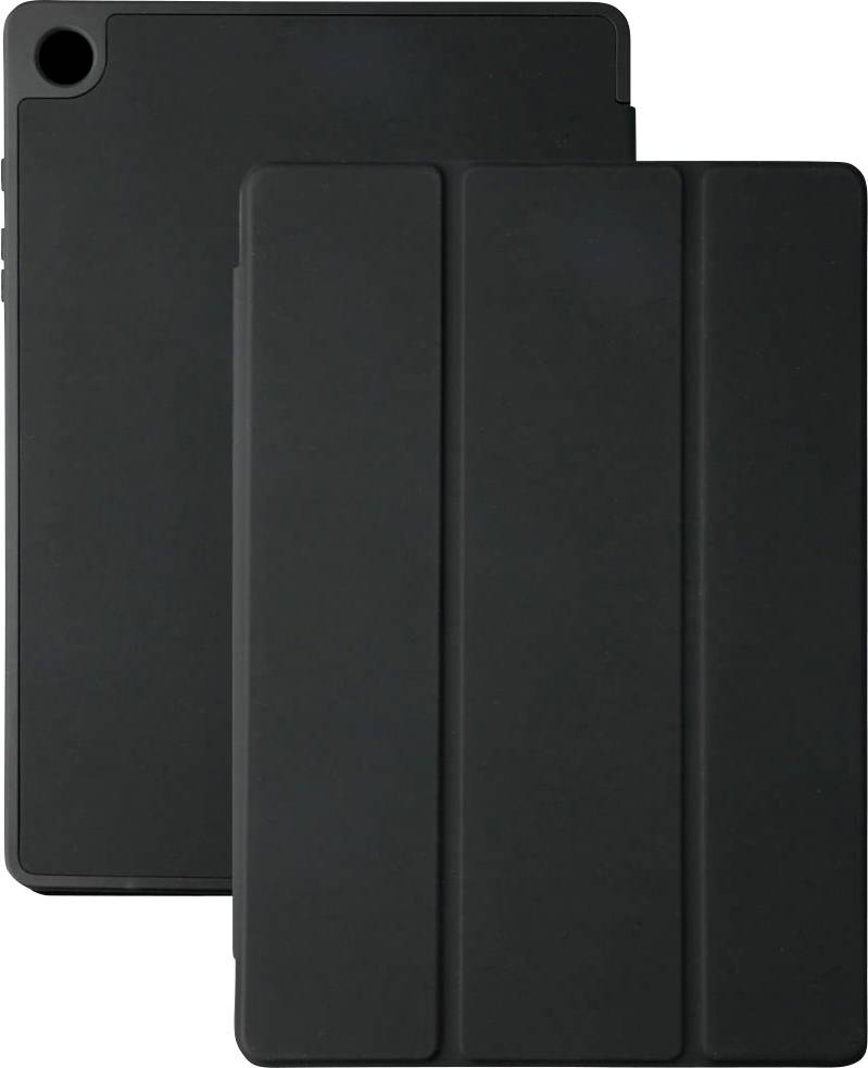 Černý tablet s ochranným pouzdrem, zobrazený z přední a zadní strany.
