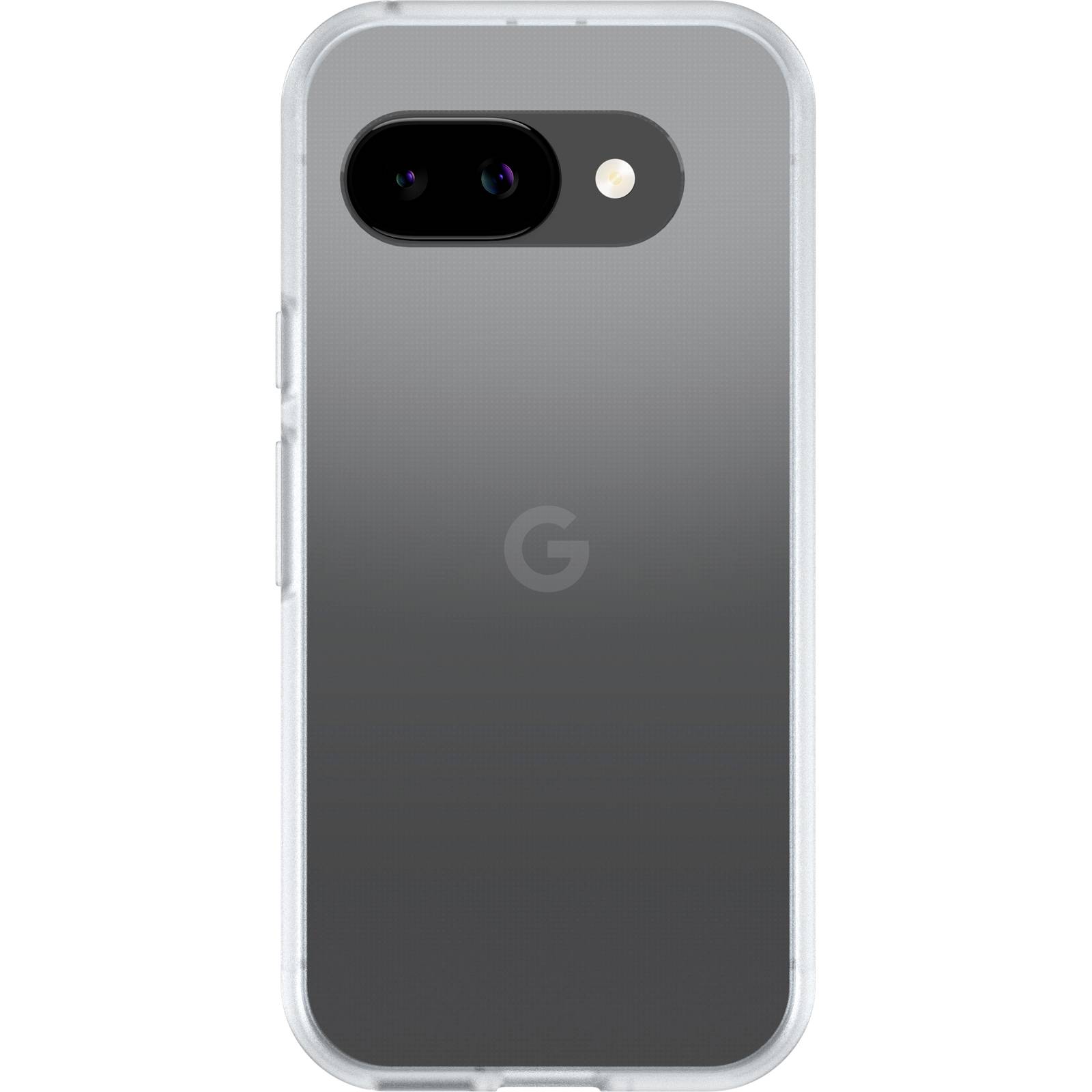 Zadní strana smartphonu v stříbrně šedé barvě s duální kamerou v levém horním rohu a LED bleskem vedle ní, centrální logo G umístěné dole.