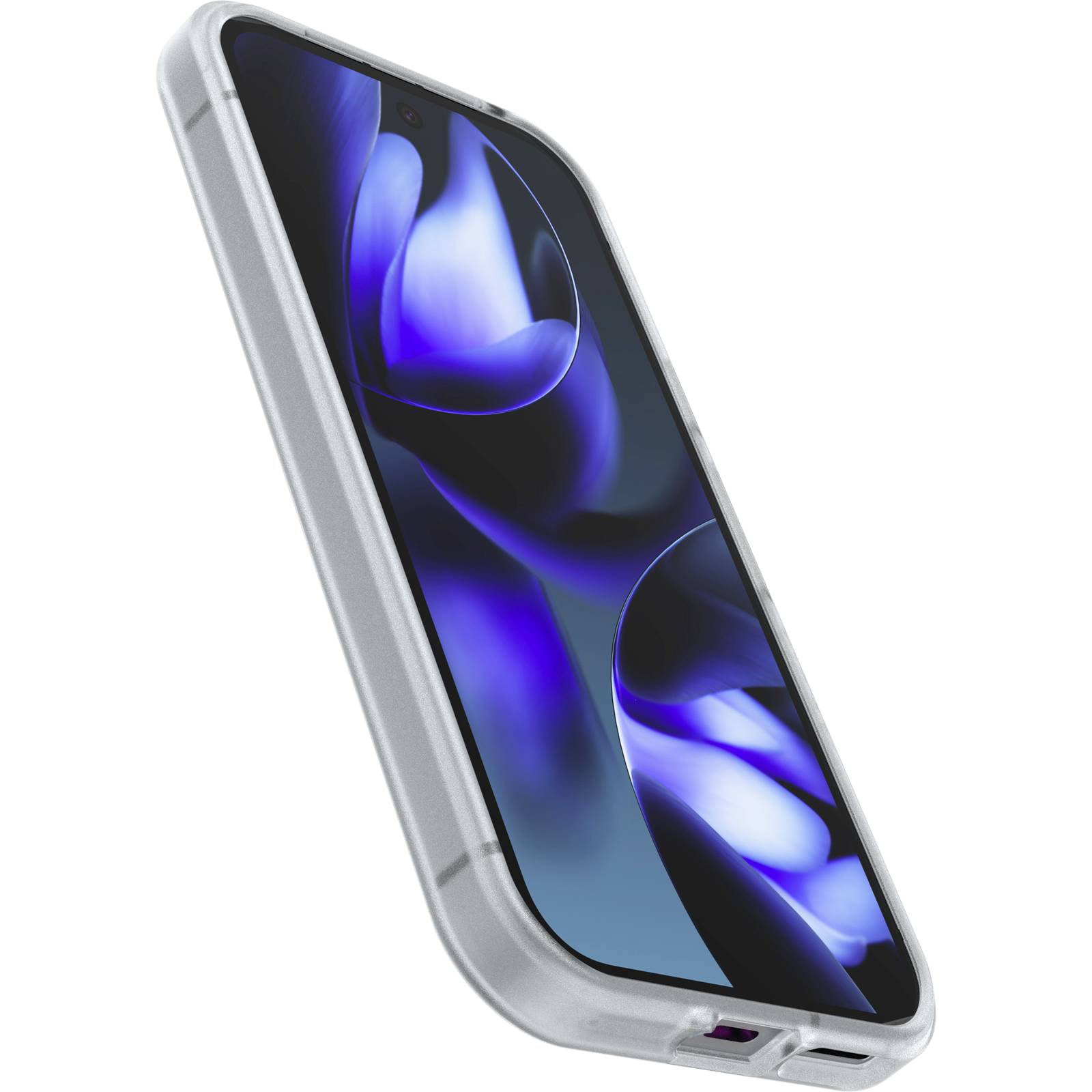 Moderní smartphone s modrým abstraktním pozadím na displeji. Je zabaleno v robustním šedém ochranném krytu.