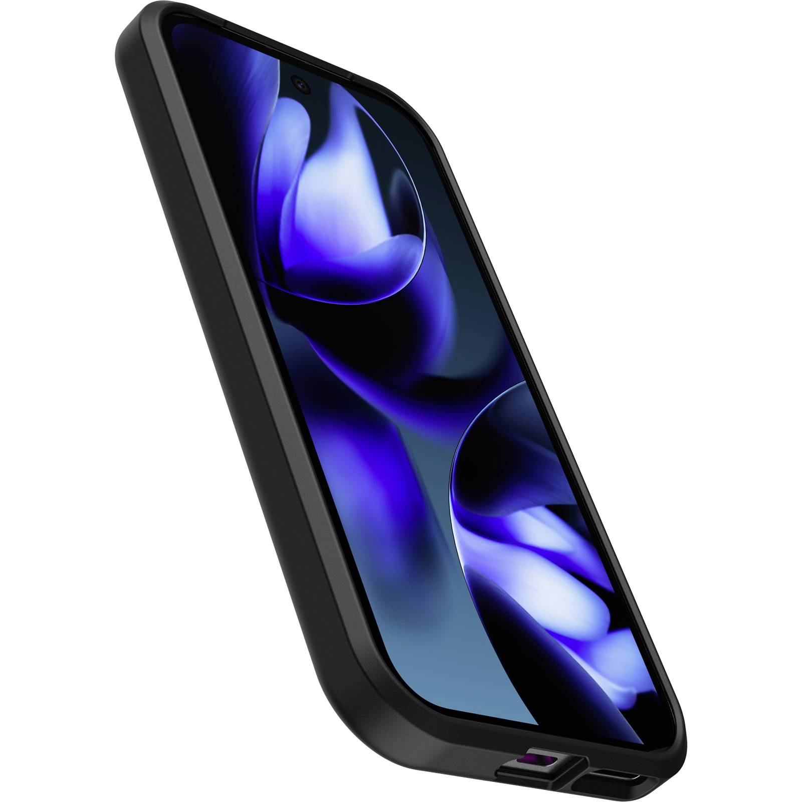 Smartphone s elegantně zakřiveným tmavým tělem a displejem zobrazujícím abstraktní modré tvary.