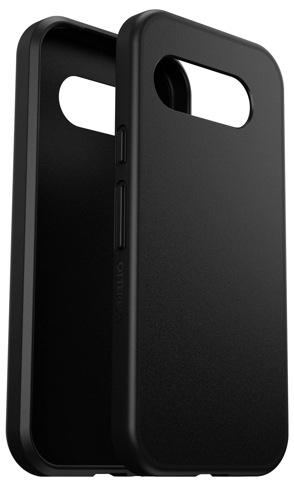 Černý plastový kryt na smartphone s výřezy pro fotoaparát a tlačítka, minimalistický design.