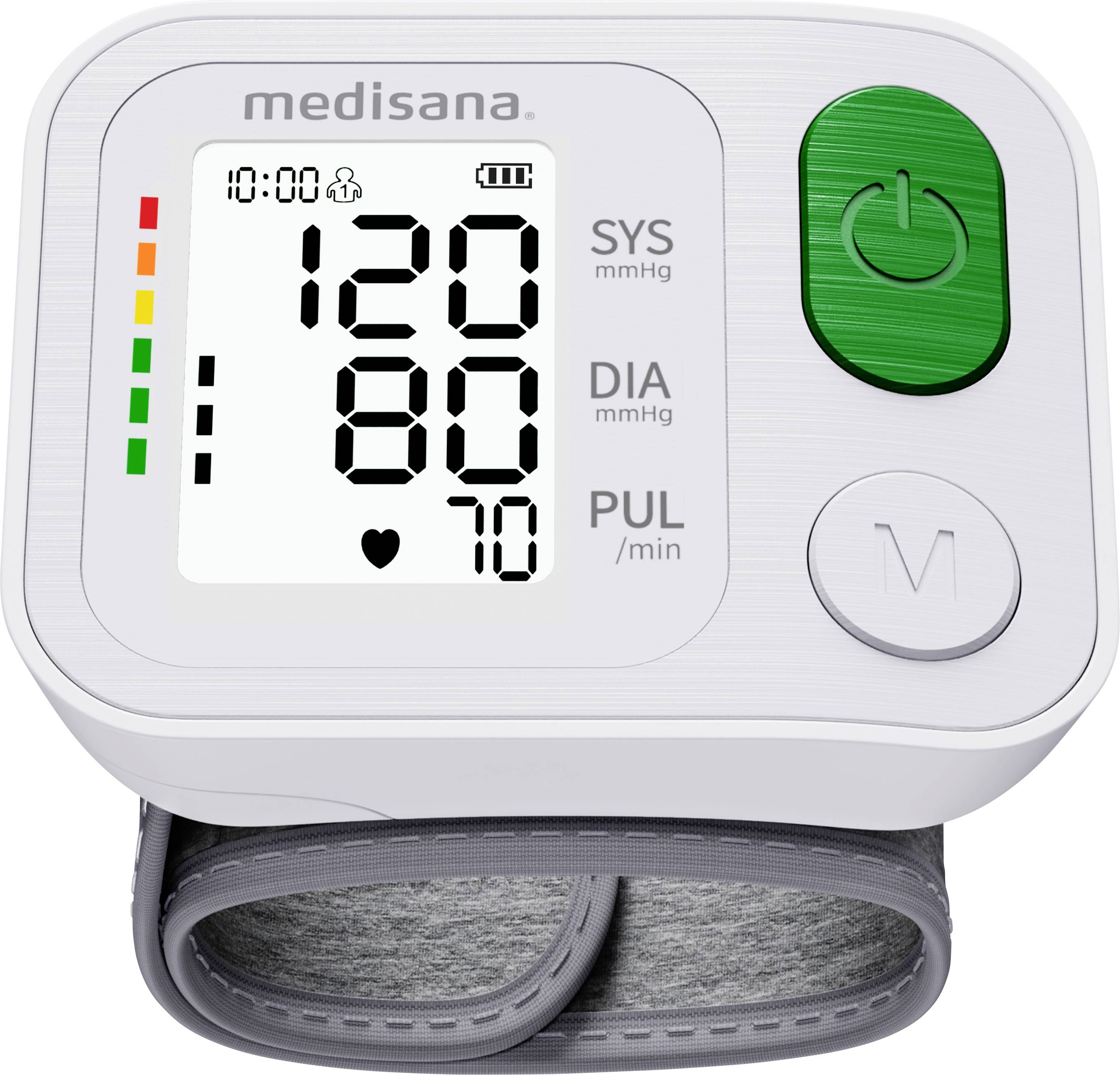 Tlakoměr s digitálním displejem, zobrazuje hodnoty: SYS 120 mmHg, DIA 80 mmHg, PUL 70/min. Zelené tlačítko a manžeta jsou viditelné.