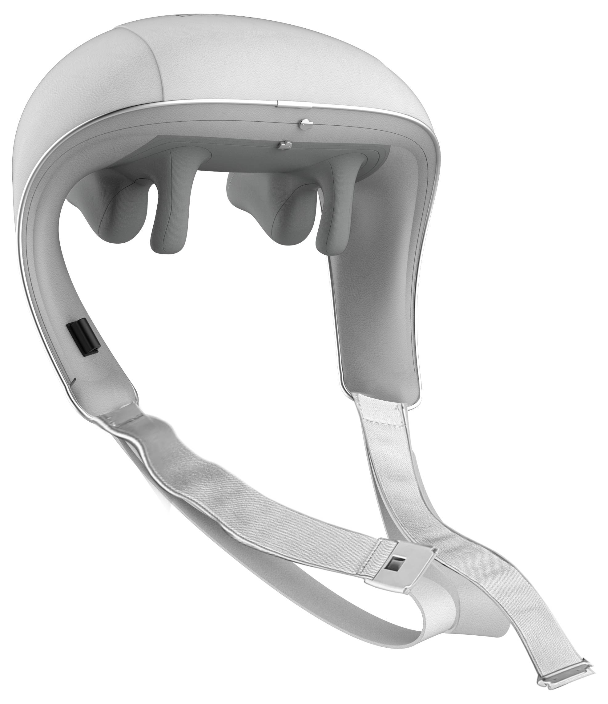 Bílá futuristická helma s hladkým designem a polstrovaným vnitřkem.