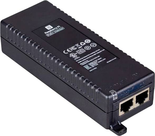 Černé zařízení s technologií Power-over-Ethernet se dvěma ethernetovými porty, jedním síťovým vstupem a produktovými informacemi na horní straně.