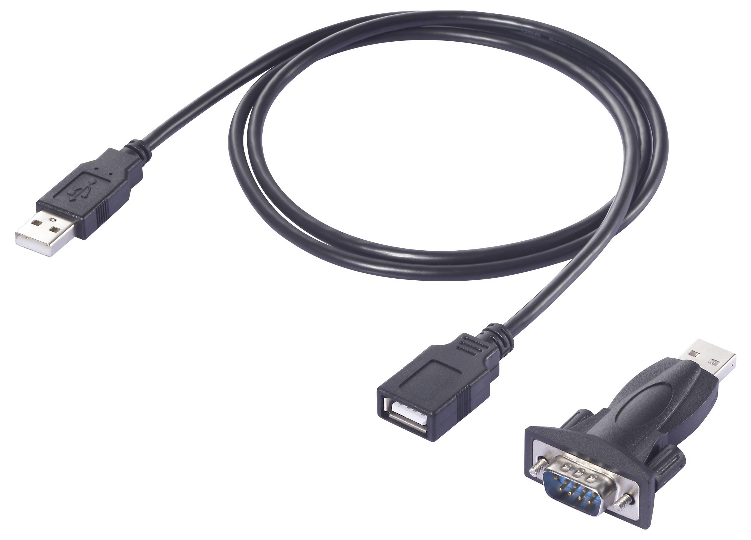 Černý USB adaptérový kabel pro sériové rozhraní s konektorem USB na jedné straně a konektorem sériového portu na straně druhé, určený pro připojení zařízení.