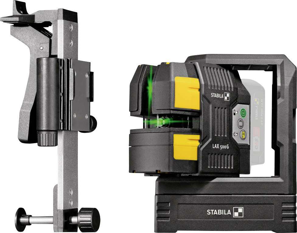 Zelený linkový laser s držákem. Hlavní přístroj zobrazuje logo Stabila. Zařízení se používá pro přesné vyrovnání a nivelaci.