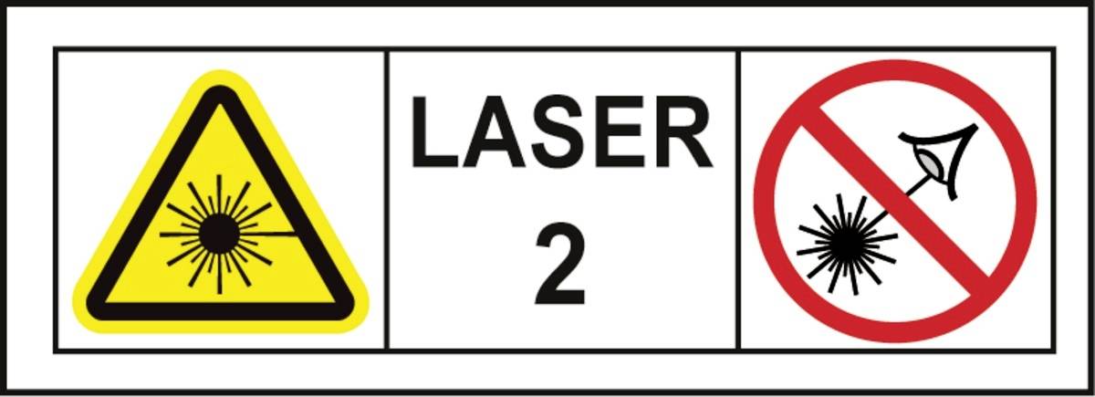 Výstražná značka pro laserové záření, třída 2. Vlevo: žlutý trojúhelník s symbolem laserového paprsku. Vpravo: červený zákazový symbol s okem.