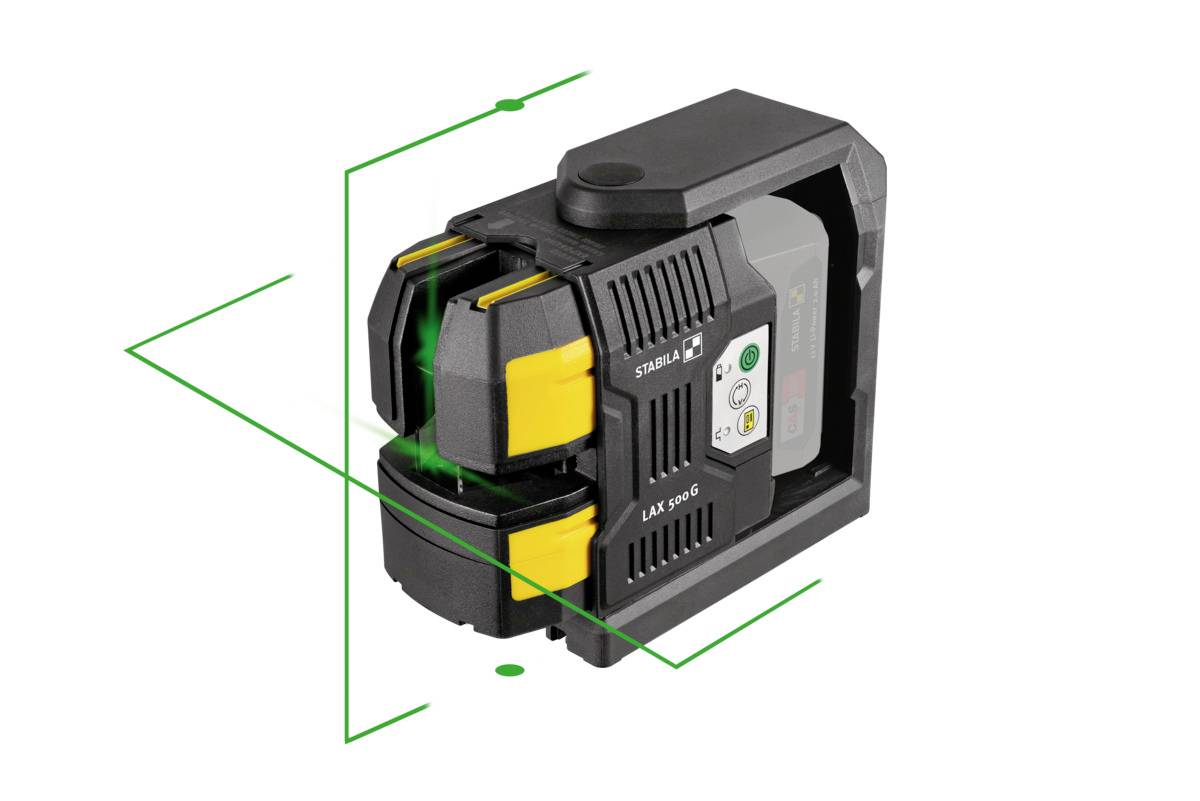 Křížový linkový laser se zeleným laserovým paprskem pro přesné nivelační aplikace; robustní design s ovládacími prvky na straně.