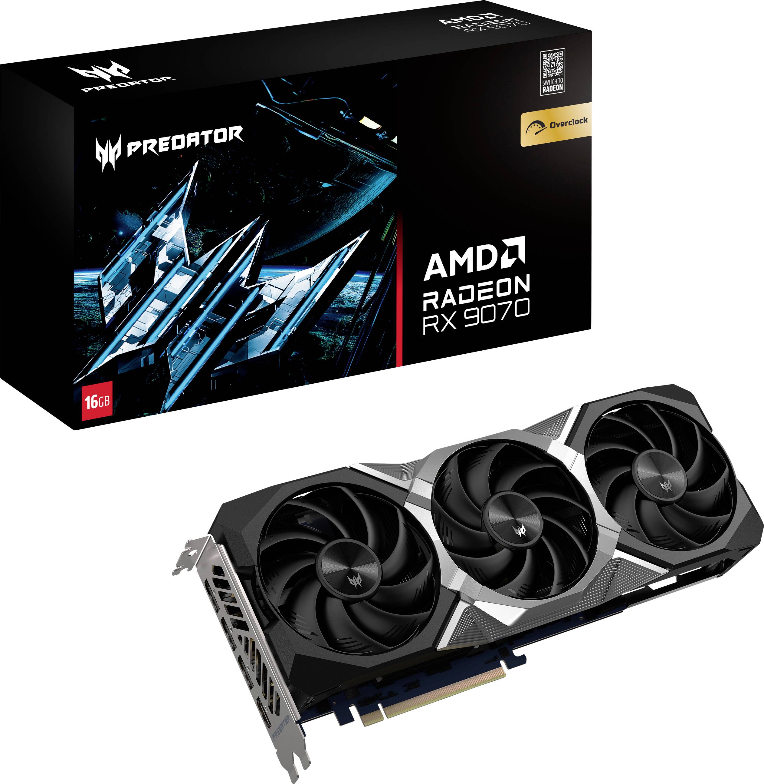 Grafická karta 'AMD Radeon RX 9070' se třemi ventilátory vedle své krabice od společnosti Predator, označené štítkem 'Overclock'.